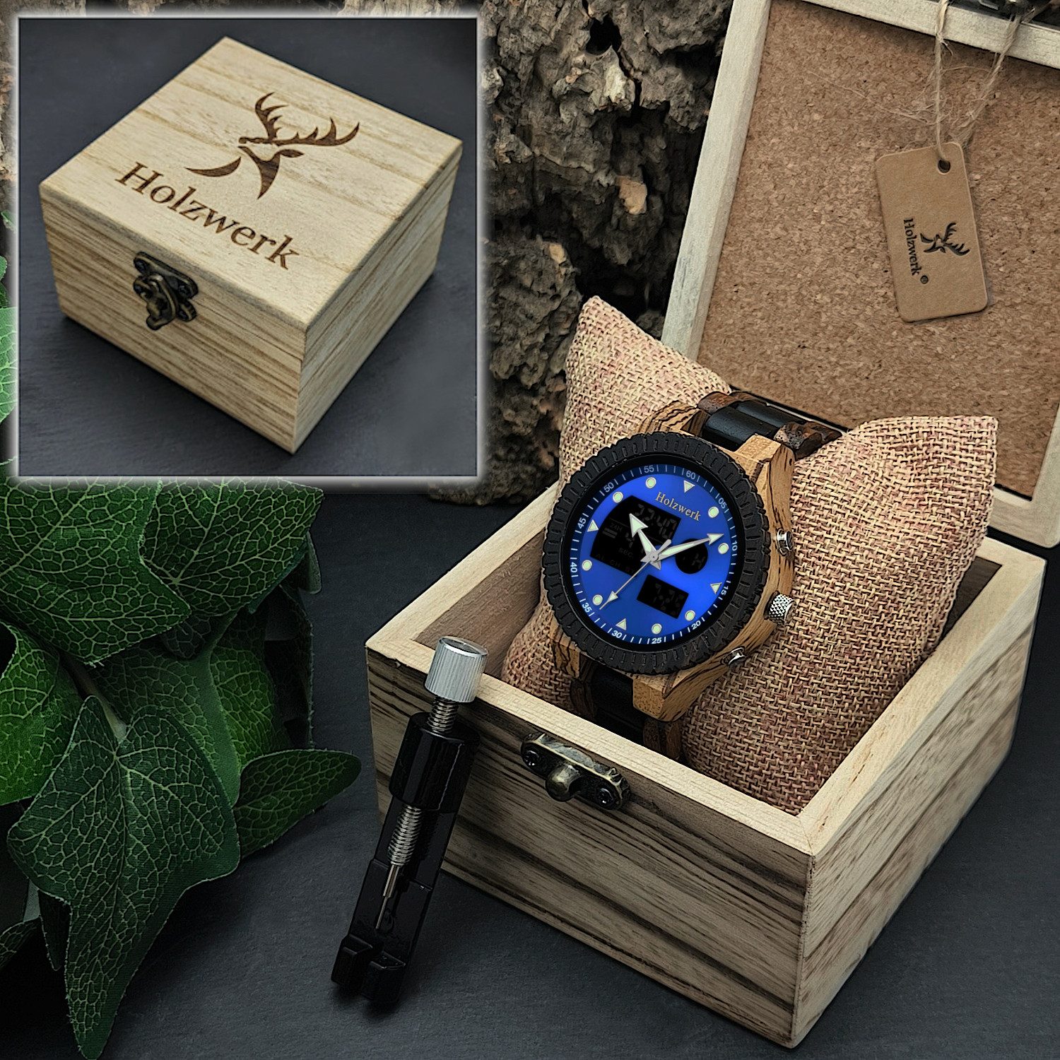 Holzwerk Digitaluhr INGOLSTADT Holz Armband Uhr mit Datum, blau, schwarz INGOLSTADT