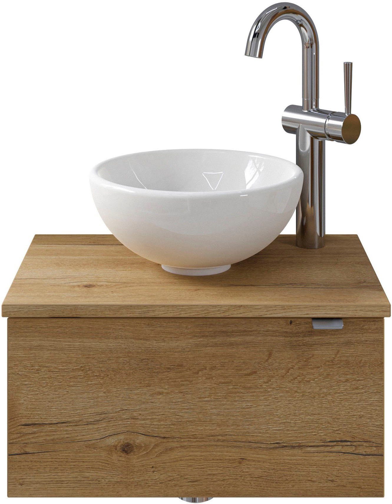 Saphir Waschtisch Serie 6915 Waschschale mit Unterschrank für Gästebad, Gäste Туалет (3-St., Keramik-Aufsatzbecken, Waschtischplatte, Waschtischunterschrank), 51 cm breit, 1 Tür, Waschtischplatte, kleine Bäder, ohne Armatur