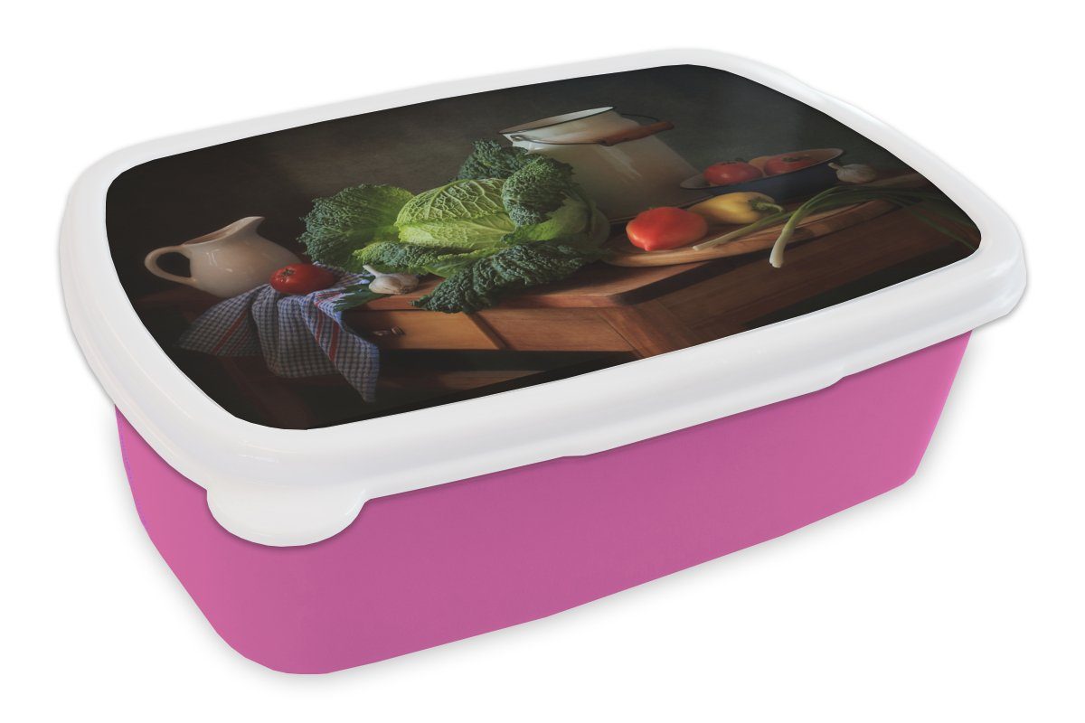 MuchoWow Lunchbox Stilleben - Gemüse - Farben, Kunststoff, (2-tlg), Brotbox für Erwachsene, Brotdose Kinder, Snackbox, Mädchen, Kunststoff rosa