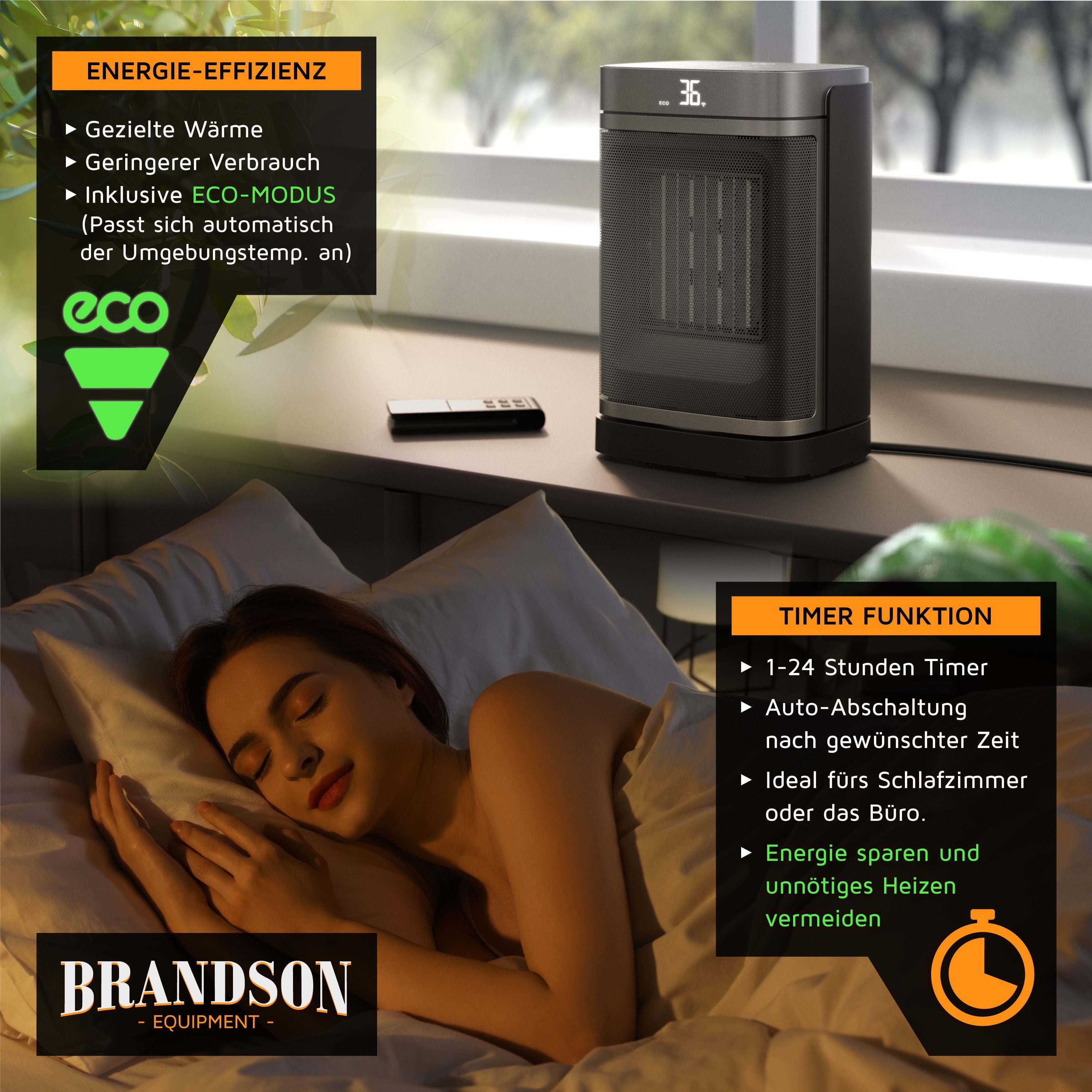 Brandson Heizlüfter Keramik Heizgerät, Oszillation, Timer, Fernbedienung, kompakt, 1500 W, energiesparend, Preisträger 2025, Thermostat, Überhitzungsschutz – Bild 5 von 5