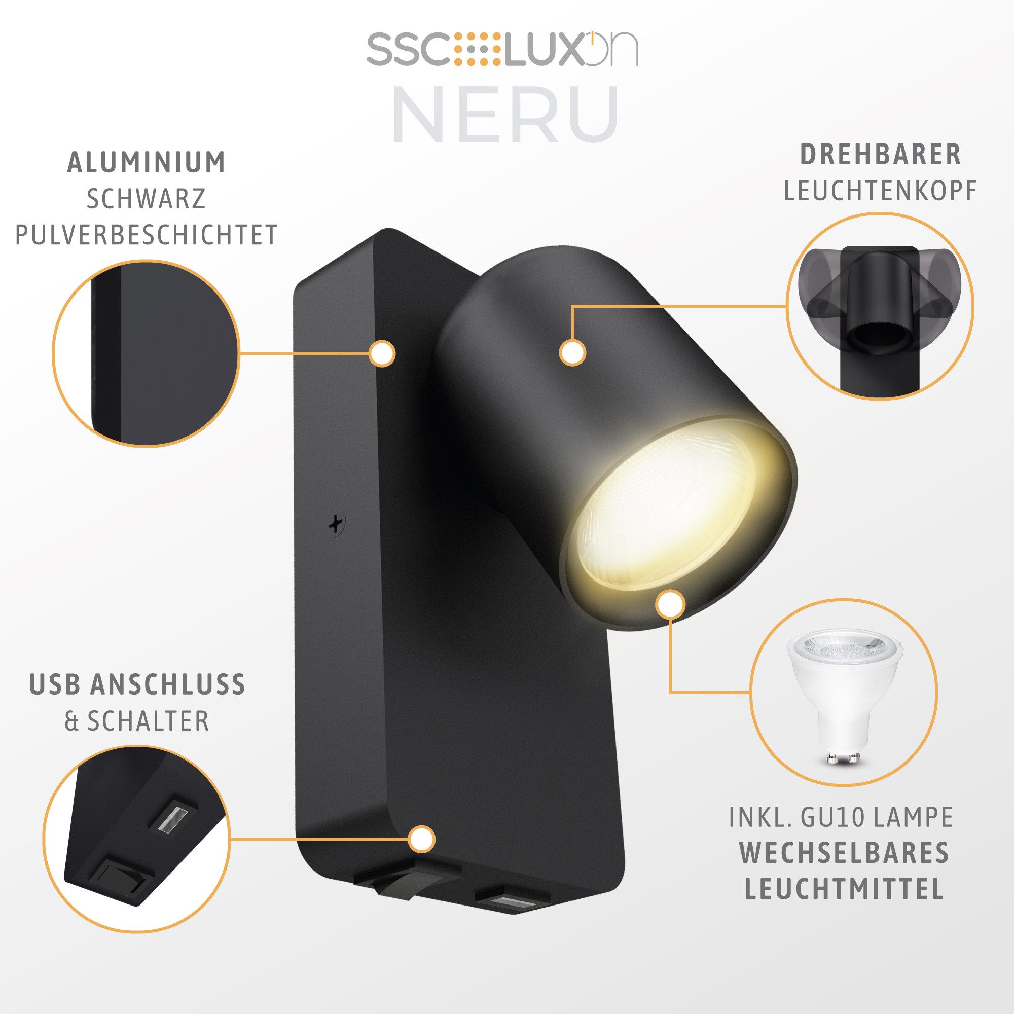 SSC-LUXon LED Wandleuchte Wandleuchte NERU schwarz USB Schalter mit GU10 LED warmweiß, Warmweiß