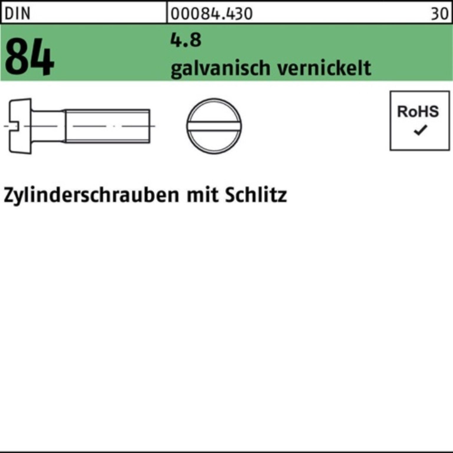 Reyher Zylinderschraube 2000er Pack Zylinderschraube DIN 84/ISO 1207 Schlitz M4x10 4.8 galv. v