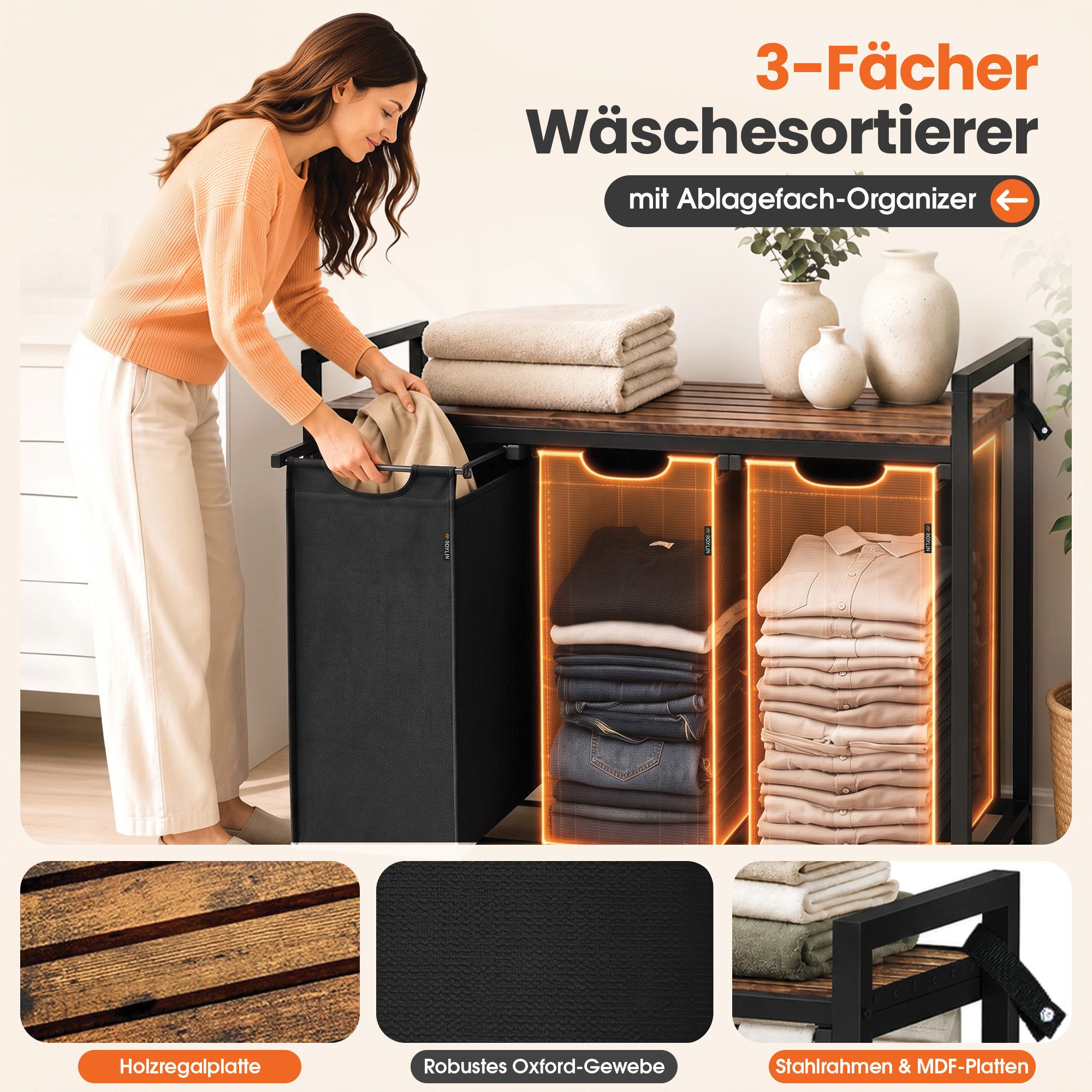 Roxlin Wäschekorb Wäschekorb 3 Fächer – Wäschesammler mit Deckel & Ablage – Bild 5 von 5