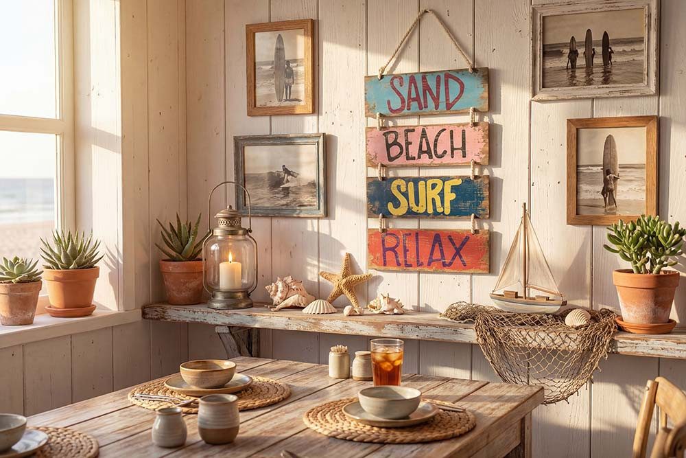 riess-ambiente Wanddekoobjekt SURF & BEACH 110cm bunt - Dekoschild, maritim, Holzplanken, Schrift (Einzelartikel, 1 St), Accessoire mit Strandhaus-Flair – ideal für Flur und Wohnbereiche