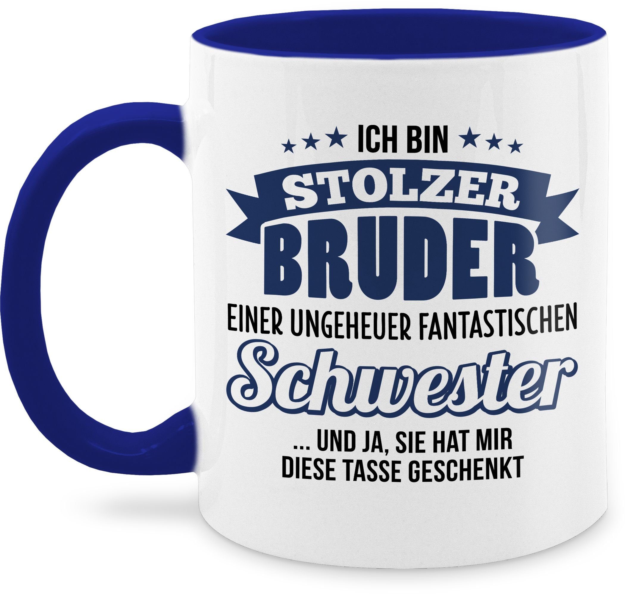 Shirtracer Tasse Ich bin stolzer Bruder einer ungeheuer fantastischen Schwester, Keramik, Bruder 2 Dunkelblau