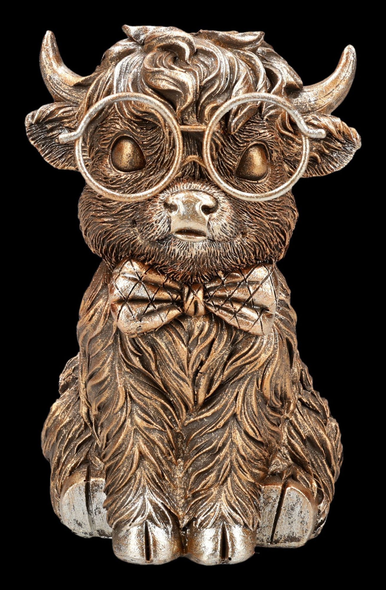 Figuren Shop GmbH Tierfigur Hochlandkuh Figur – Gentleman Kuh Statue mit Brille & Fliege 15,5 cm