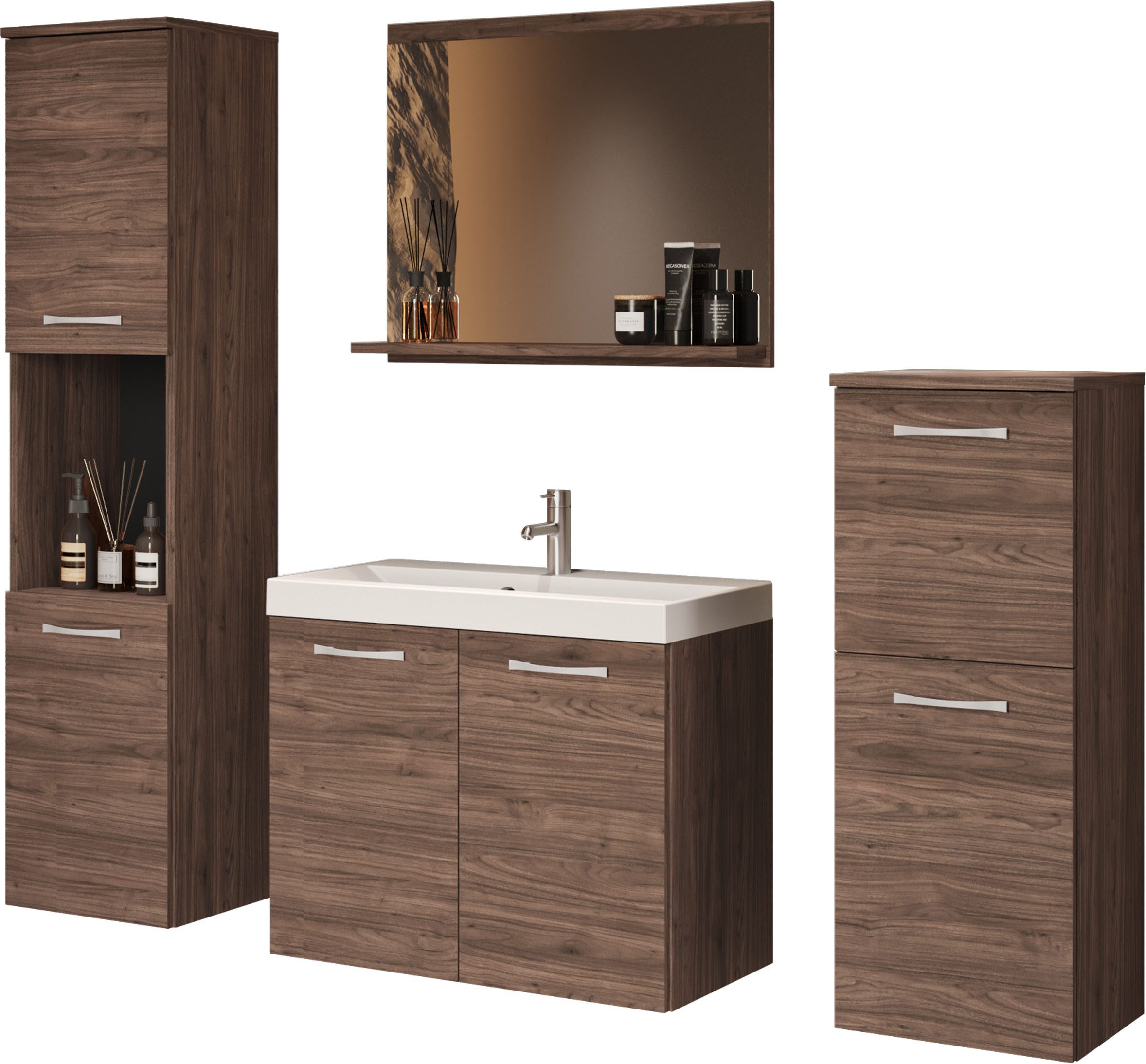welltime Badmöbel-Set PARLA, (Komplett-Set, 5-St), Waschtisch inkl. Waschbecken, Spiegel, Hochschrank und Hängeschrank