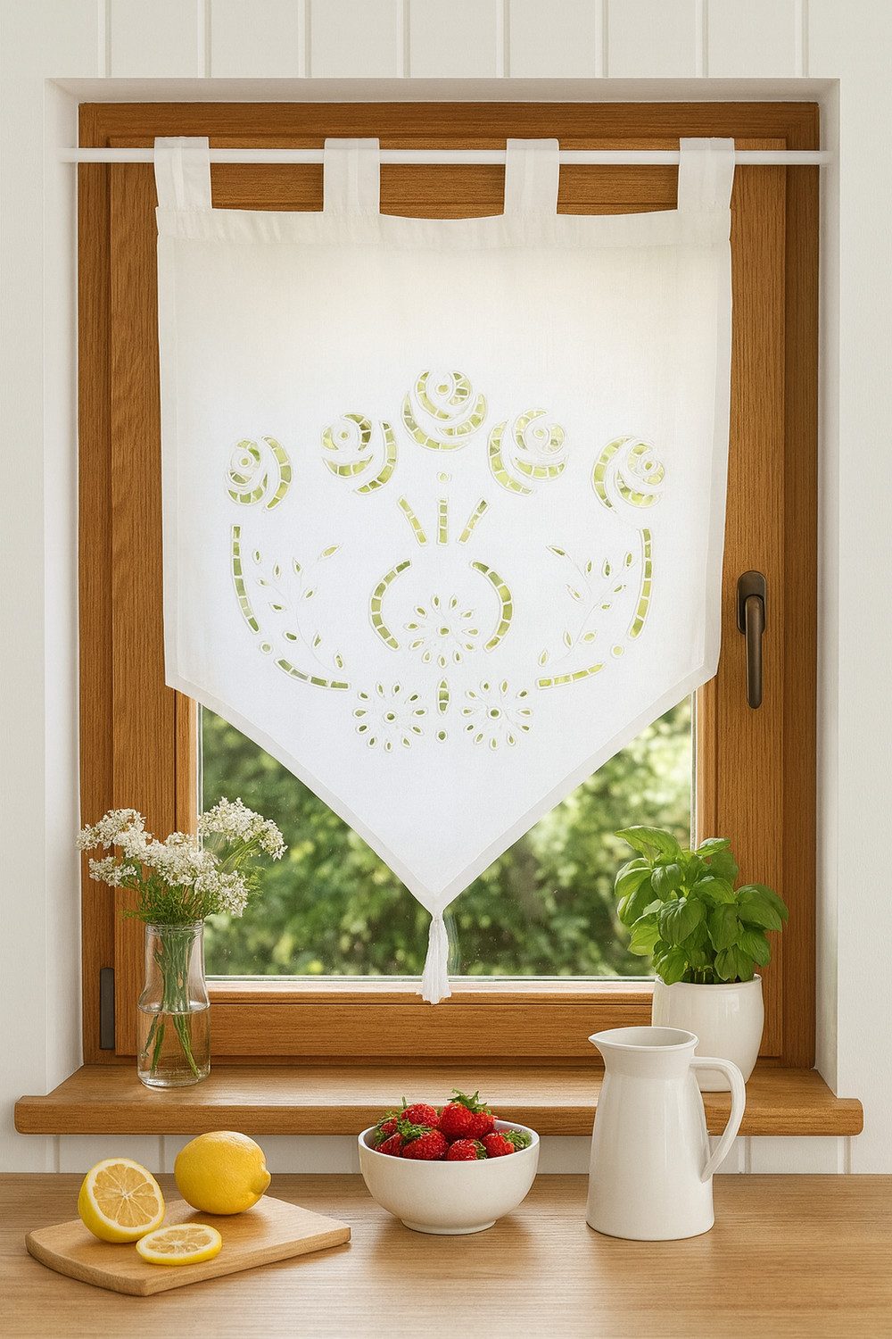 HOSSNER - ART OF HOME DECO Scheibengardine 40x60 cm (1 St), Schlaufen, blickdicht, Baumwolle, Vintage, Romantische Stickerei
