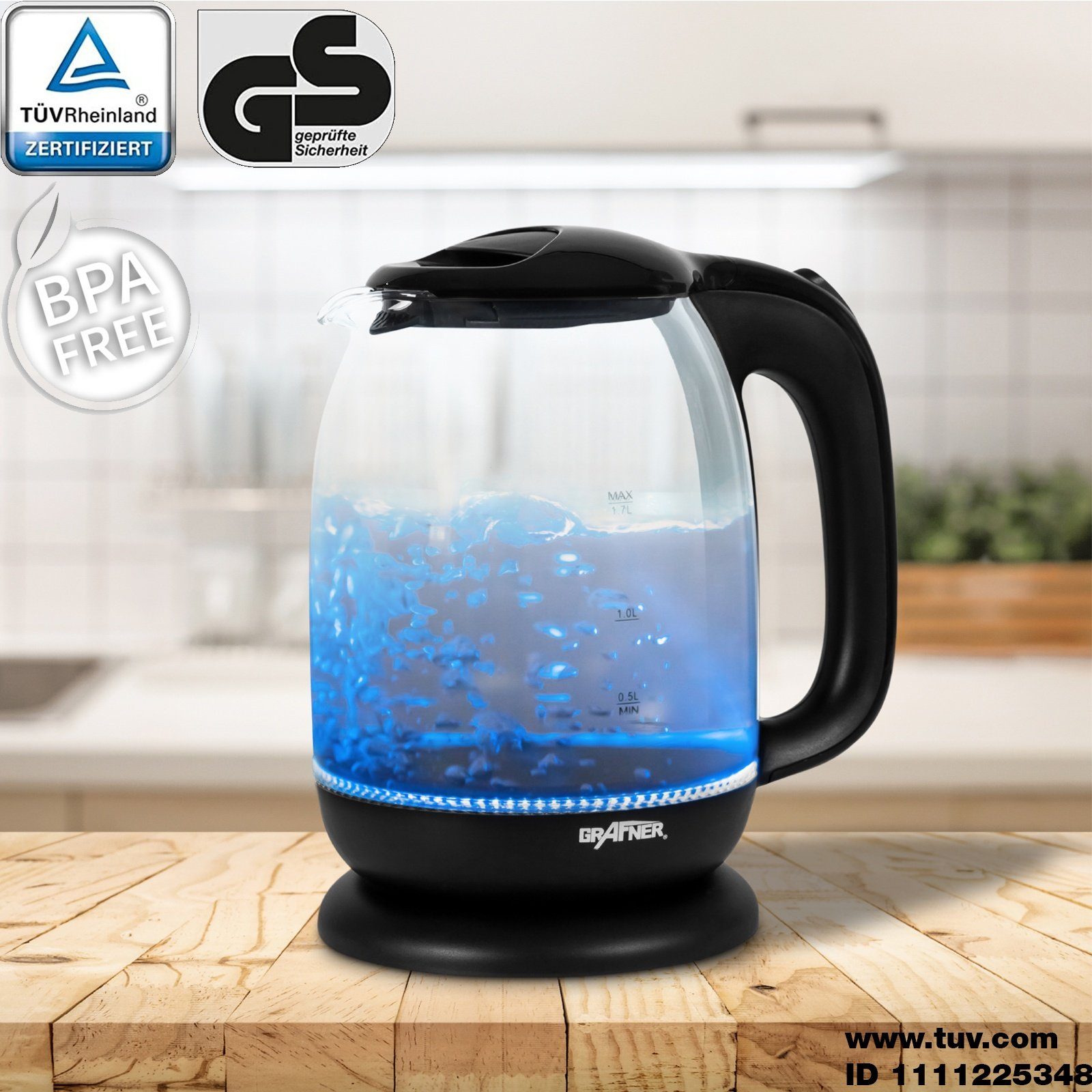 Grafner Wasserkocher Glas 1,7l max. 2200W WK10857, 1.7 l, 2200 W, TÜV Rheinland zertifiziert, GS geprüfte Sicherheit
