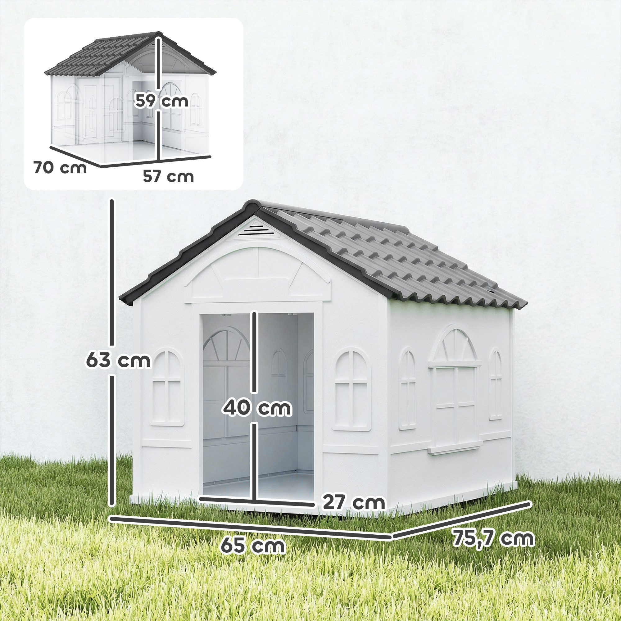 PawHut Hundehütte mit Satteldach, wetterfest, für mittelgroße Hunde unter 20 kg, Outdoor, 65 x 75,7 x 63 cm, Grau