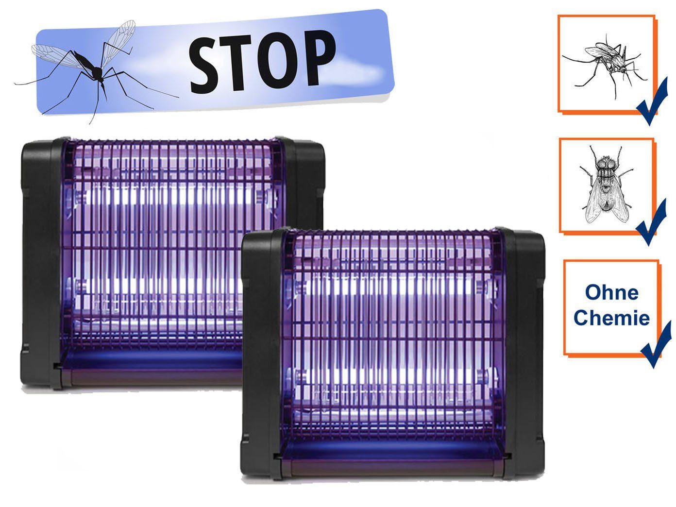 Insektenschutzplissee, PEREL, Hängend oder als Standgerät, UV Insektenlampe 2er SET elektrische Mückenlampe Fliegenfalle 30-150m²