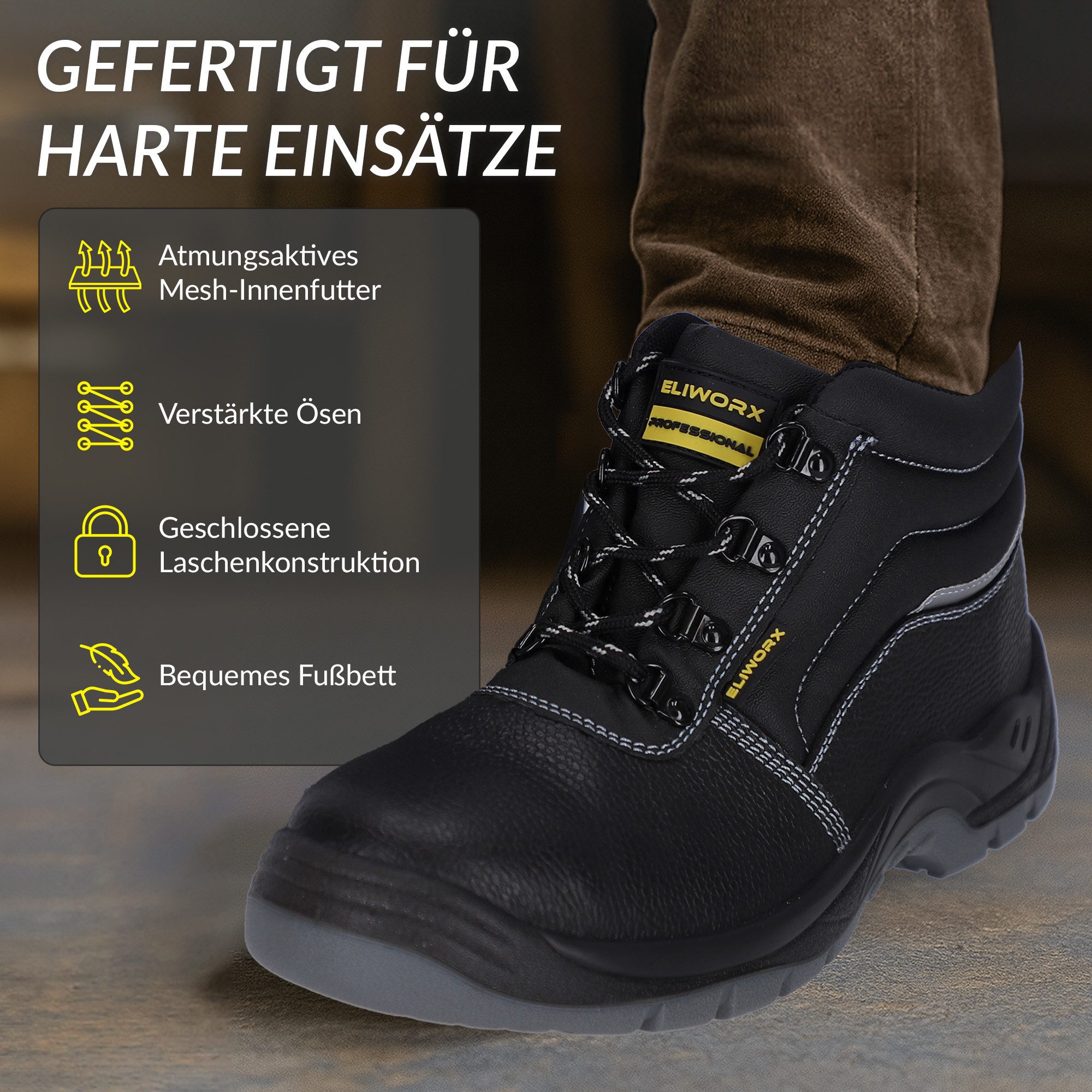 ELIWORX S3 SR Schuh mit Stahlkappe aus echtem Rindleder - Arbeitsschuhe Herren Sicherheitsschuh Atmungsaktiv, Durchtrittsichere Zwischensohle, besonders rutschh – Bild 5 von 5