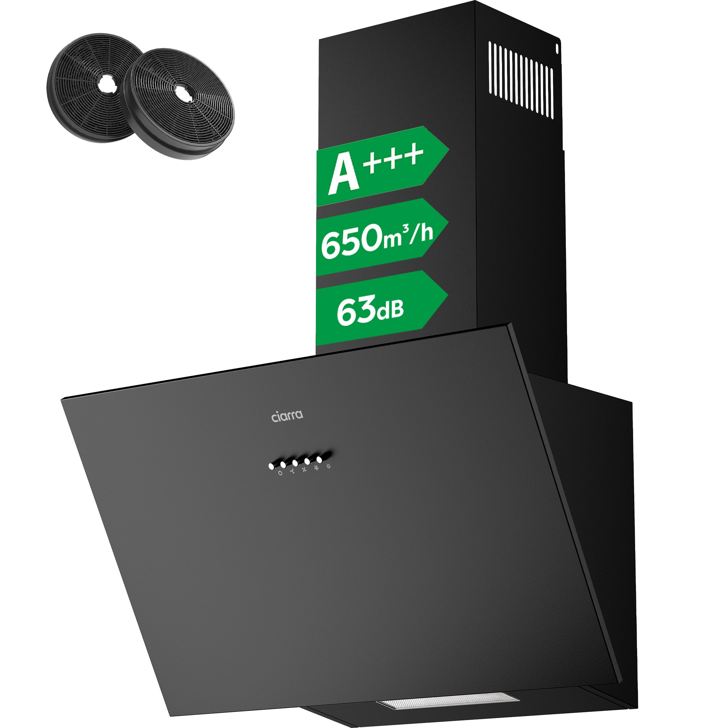 CIARRA Kopffreihaube 60 cm A+++ 650 m³/h Schräghaube Umluft & Abluft leise 63 dB VM6762AB 60 cm A+++ 650 m³/h Schräghaube Umluft & Abluft leise 63 dB VM6762AB, Kopffrei Dunstabzugshaube mit 2*Kohlefilter & LED 3 Stufen Schwarz
