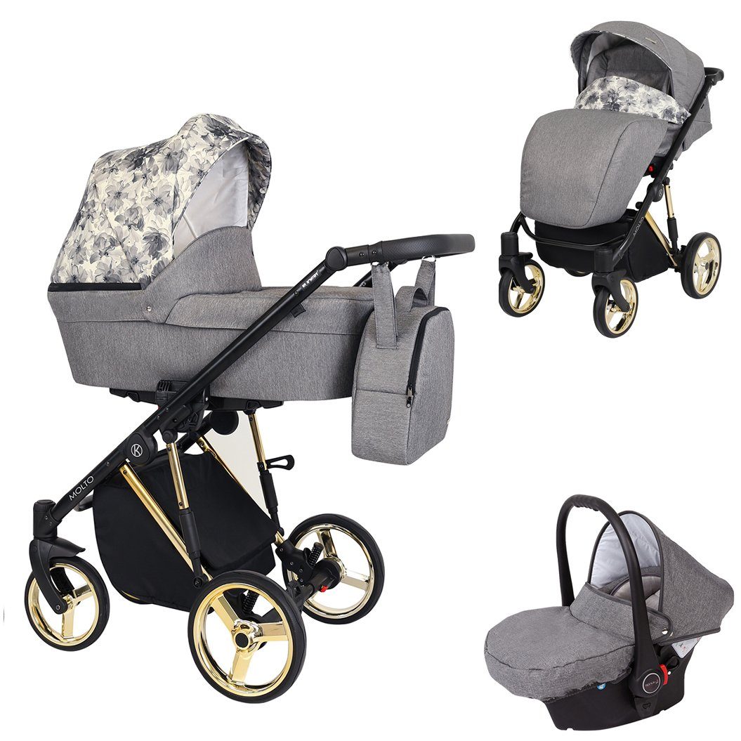babies-on-wheels Kombi-Kinderwagen Molto Edition 3 in 1 inkl. Autositz -13 Teile- von Geburt bis 4 Jahre Grau-Dekor = Gestell gold