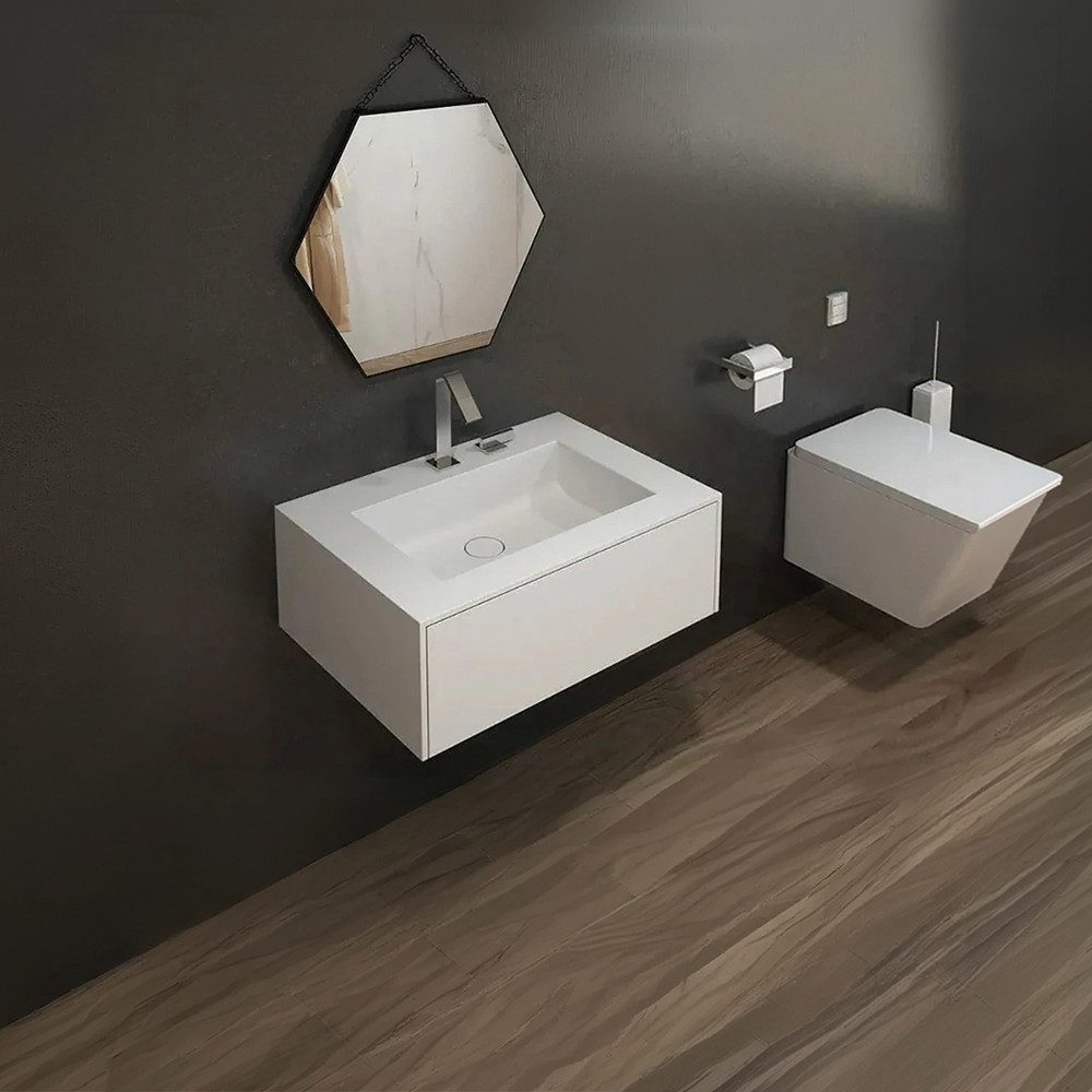 Henneke Waschtisch Corian® PureOne mit Becken eckig und Unterschrank einreihig mittig, Fugenlos aus Mineralwerkstoff