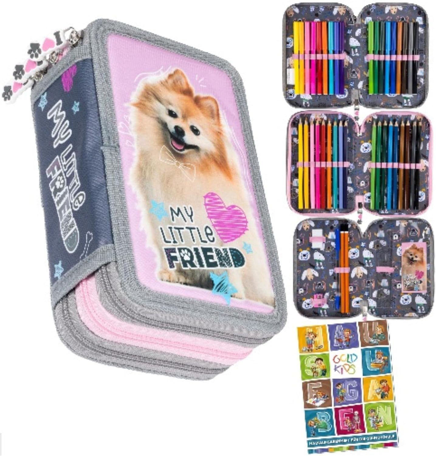 GOLDKIDS Federmäppchen 3 Fächer - Mäppchen für Mädchen und Jungen -, (Federmappe 3-Fach Federtasche 44-, teilig Gefüllte Schüleretui), Hausaufgabenheft