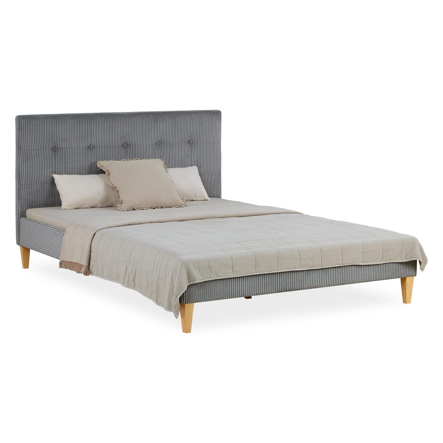 Homestyle4u Polsterbett Doppelbett 140x200 weicher Cordstoff Grau mit Kopfteil modern Holzfüße (inkl. Lattenrost)