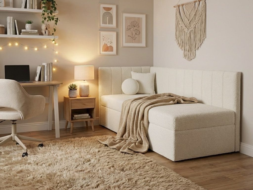 Beautysofa Einzelbett 90×200 mit Bettkasten RAFI (modernes Eckbett aus Bouclé-Stoff, für Kinder- und Jugendzimmer), mit Topper und Kissen