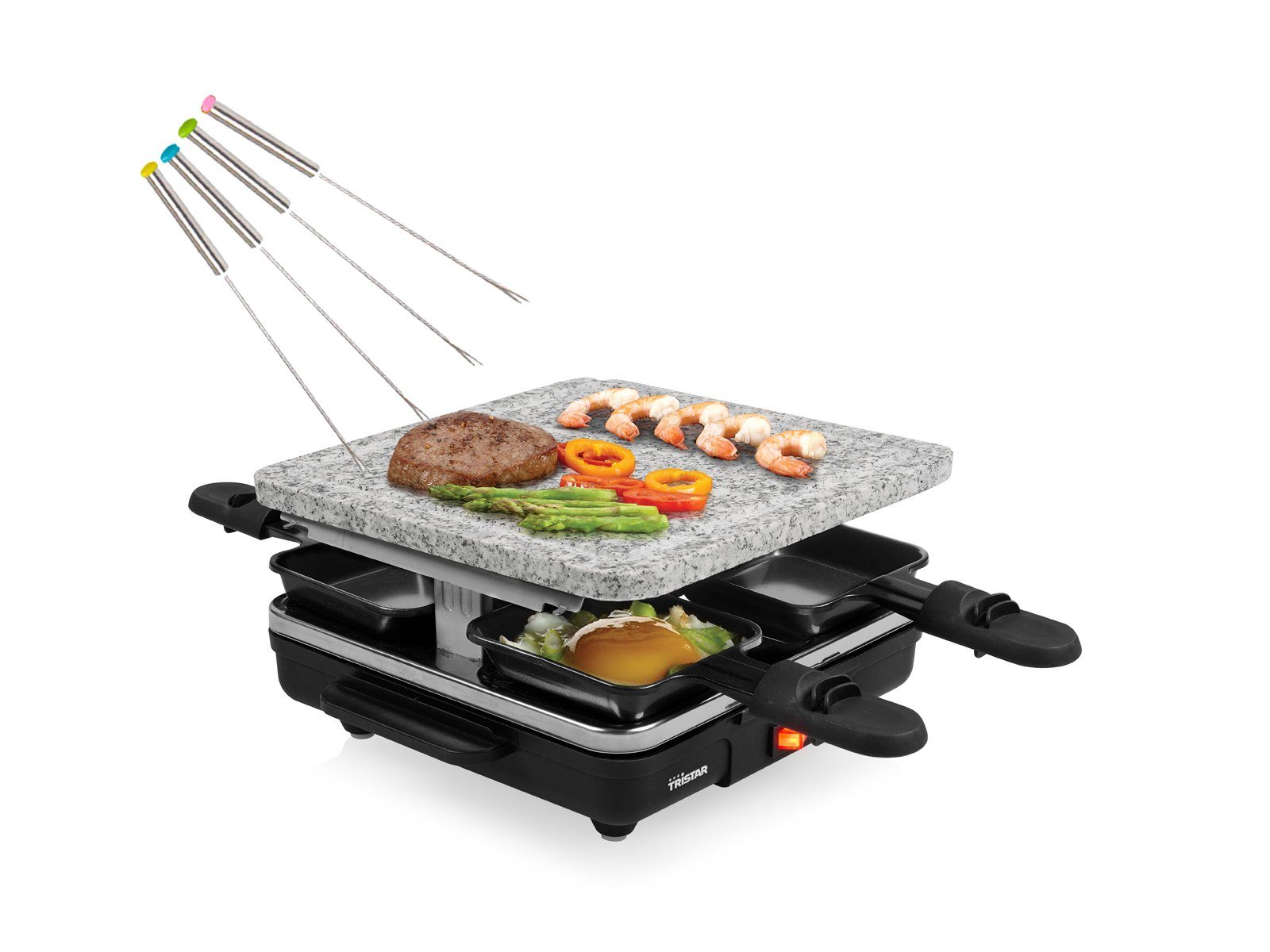 Tristar Raclette, 4 Raclettepfännchen, 600 W, Mini Gerät für 2-4 Personen, Tischgrill Steingrill mit 4 Teppangabeln