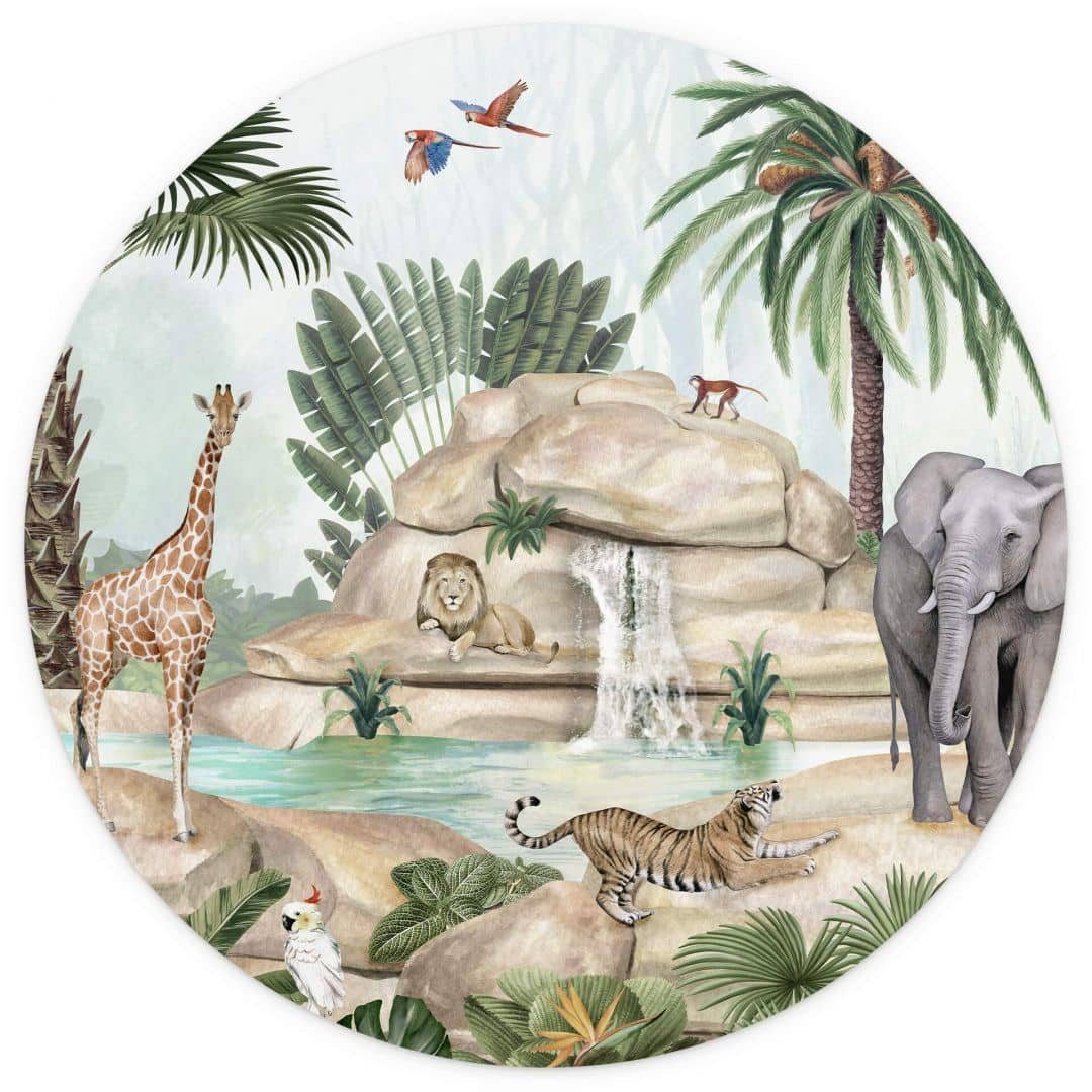 K&L Wall Art Fototapete Kikki Belle - Dschungel Paradies, Vliestapete, rund, Giraffe Löwe, große Kinder Motivtapete