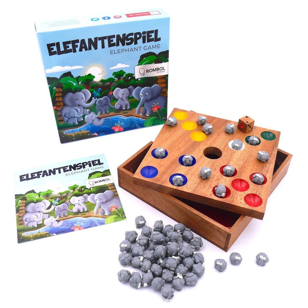ROMBOL Denkspiele Spiel Elefantenspiel - Würfelspiel mit süßen Elefanten für die ganze Familie, Brettspiel, Holzspiel