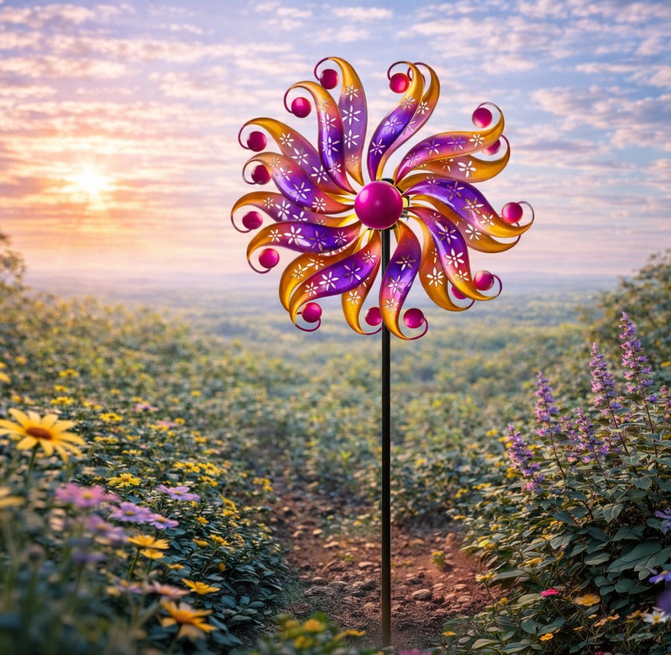 formano Gartenfigur Windrad Blume Garten Metall bunt kugelgelagert Windspiel Ø 30 / 122 cm