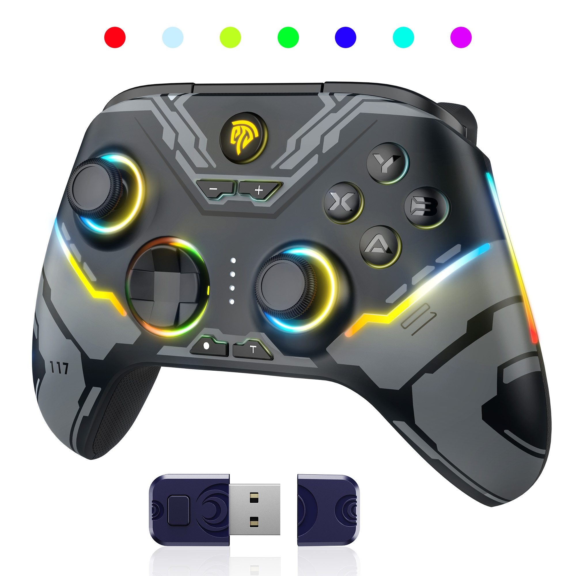 Powerwill PC Wireless Controller Gaming-Controller Akku bis zu 20 Stunden PlayStation-Controller (für Windows-PC, Android, Steam und Switch, mit Hall Joysticks/Triggers/RGB Beleuchtung,Kein Stick Drift)