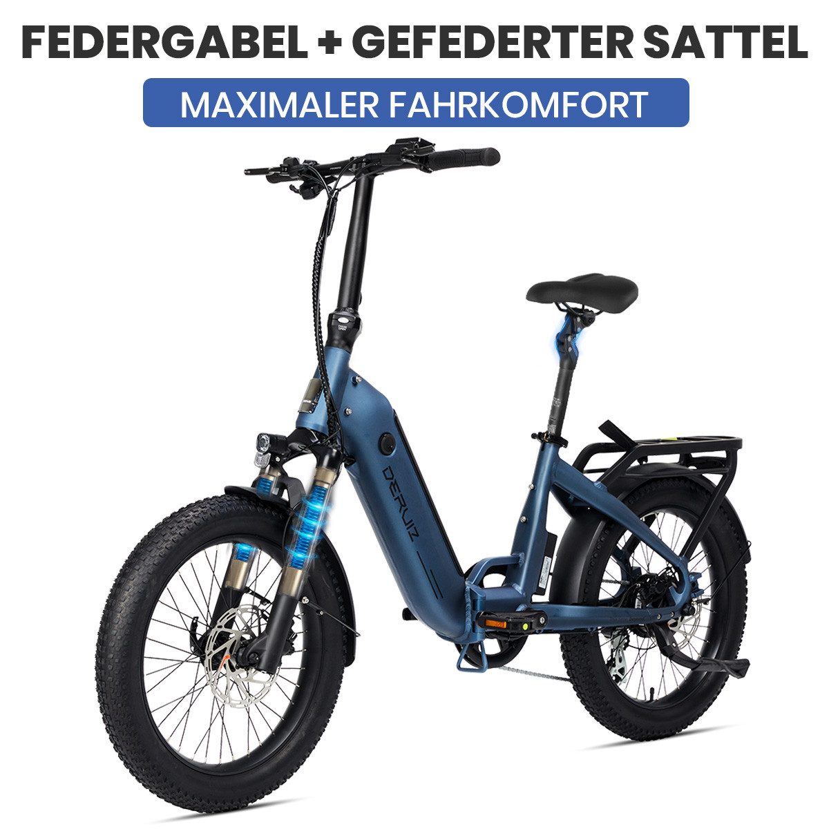 DERUIZ E-Bike Klapprad 20 x 3,0 Zoll Peridot, 500 Wh, bis 140 km, 55 Nm, faltbar, 8 Gang SHIMANO SHIMANO ALTUS 11-32T Schaltwerk, Kettenschaltung, Heckmotor, 500 Wh, (mit Akku-Ladegerät, mit Werkzeug), SHIMANO Altus 8-Gang, Hydraulikbremsen, Bluetooth, 5 Stufen