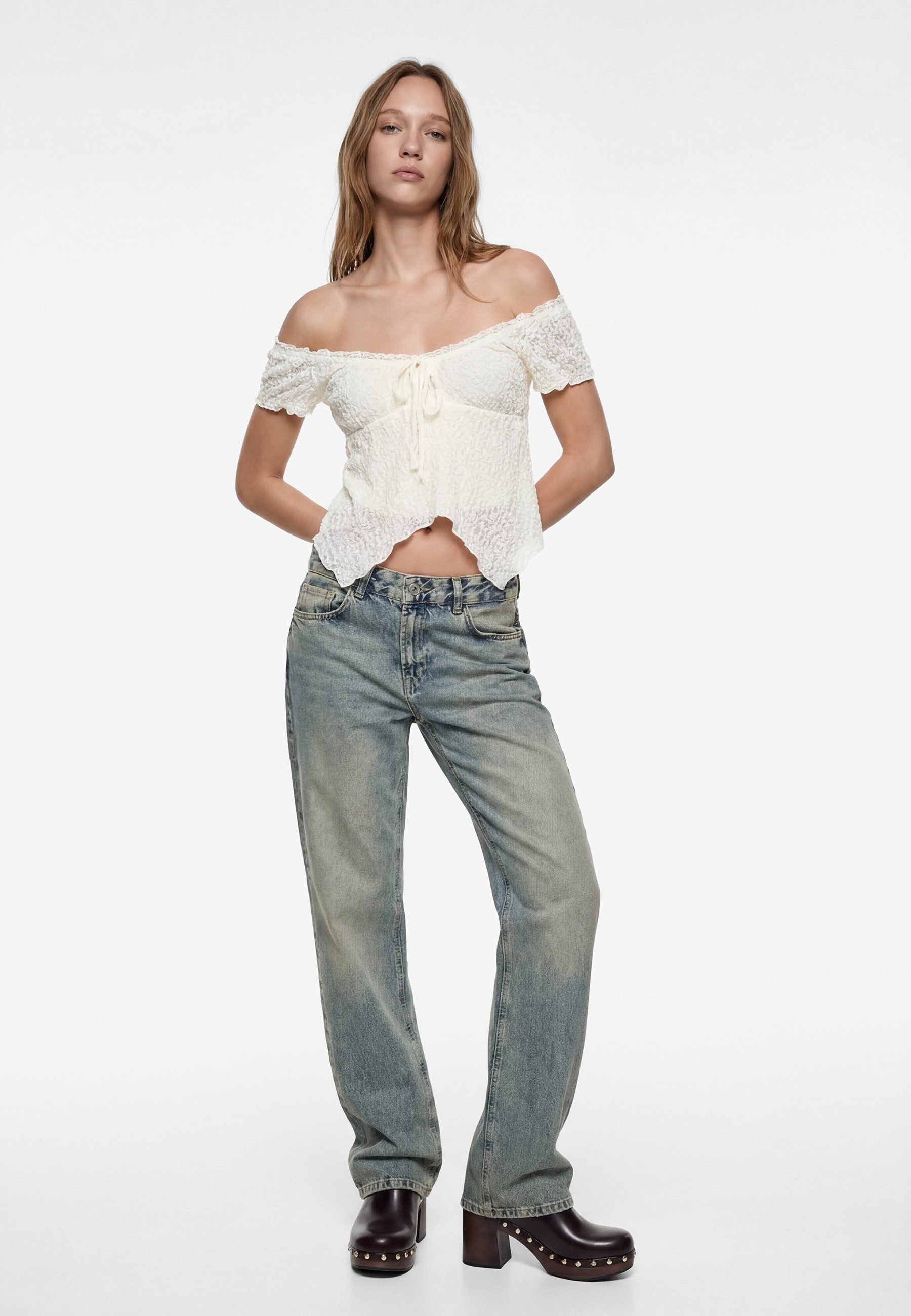 Koton Kurzarmbluse Koton Dantel-Bluse Asymmetrischer U-Ausschnitt