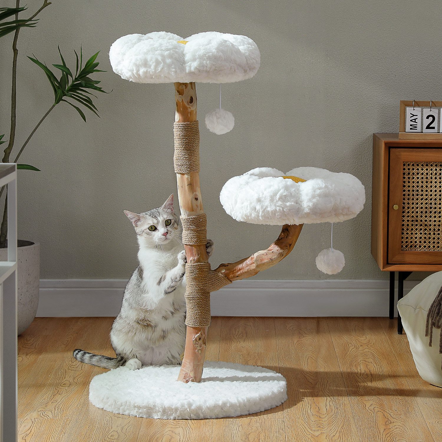 PETEPELA Kratzbaum 90cm Moderner Holz Blumen Kratzbaum, luxuriöse Katzenmöbel mit Holz, Katzen-Kletterturm für Wohnungskatzen