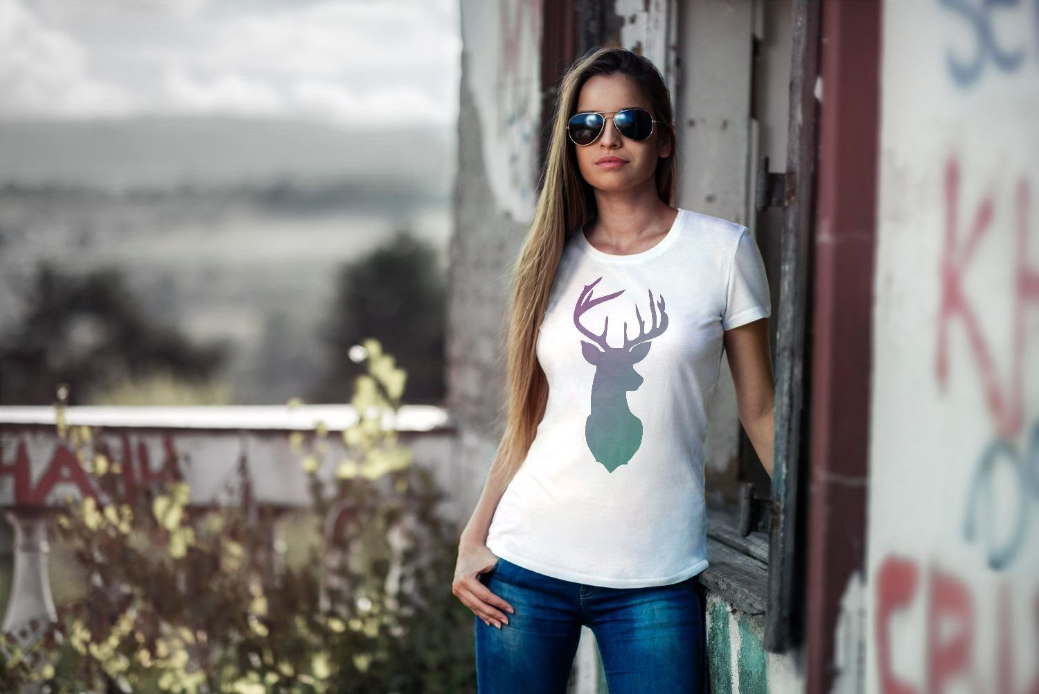 Neverless Print-Shirt Damen T-Shirt Hirsch Geweih Kopf Deer Watercolor Polygon Tier Slim mit Print – Bild 3 von 4
