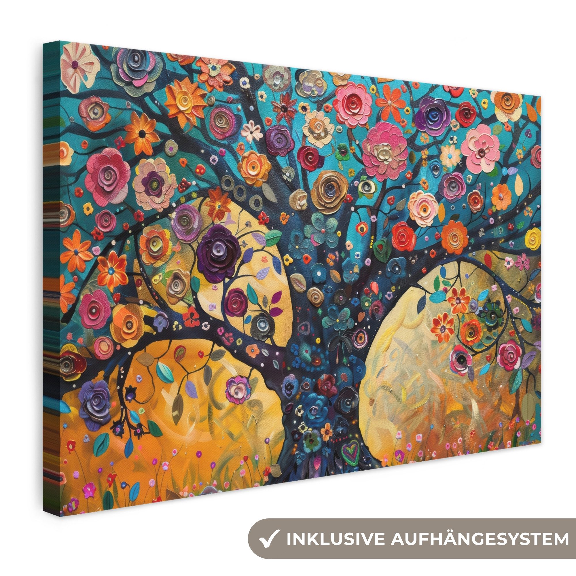 OneMillionCanvasses® Leinwandbild Baum - Lebensbaum - Bunt - Blumen - Modern, Fotodruck (1 St), Leinwand Bilder Klein, Wand Dekoration Aesthetic 30x20 cm