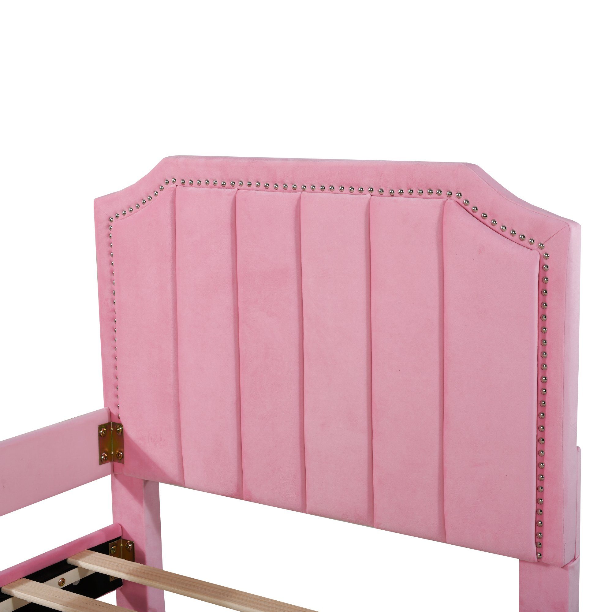 Polsterbett, Tagesbett Einzelbett mit rosa Flieks Samt Kinderbett 90x200cm Rückenlehne