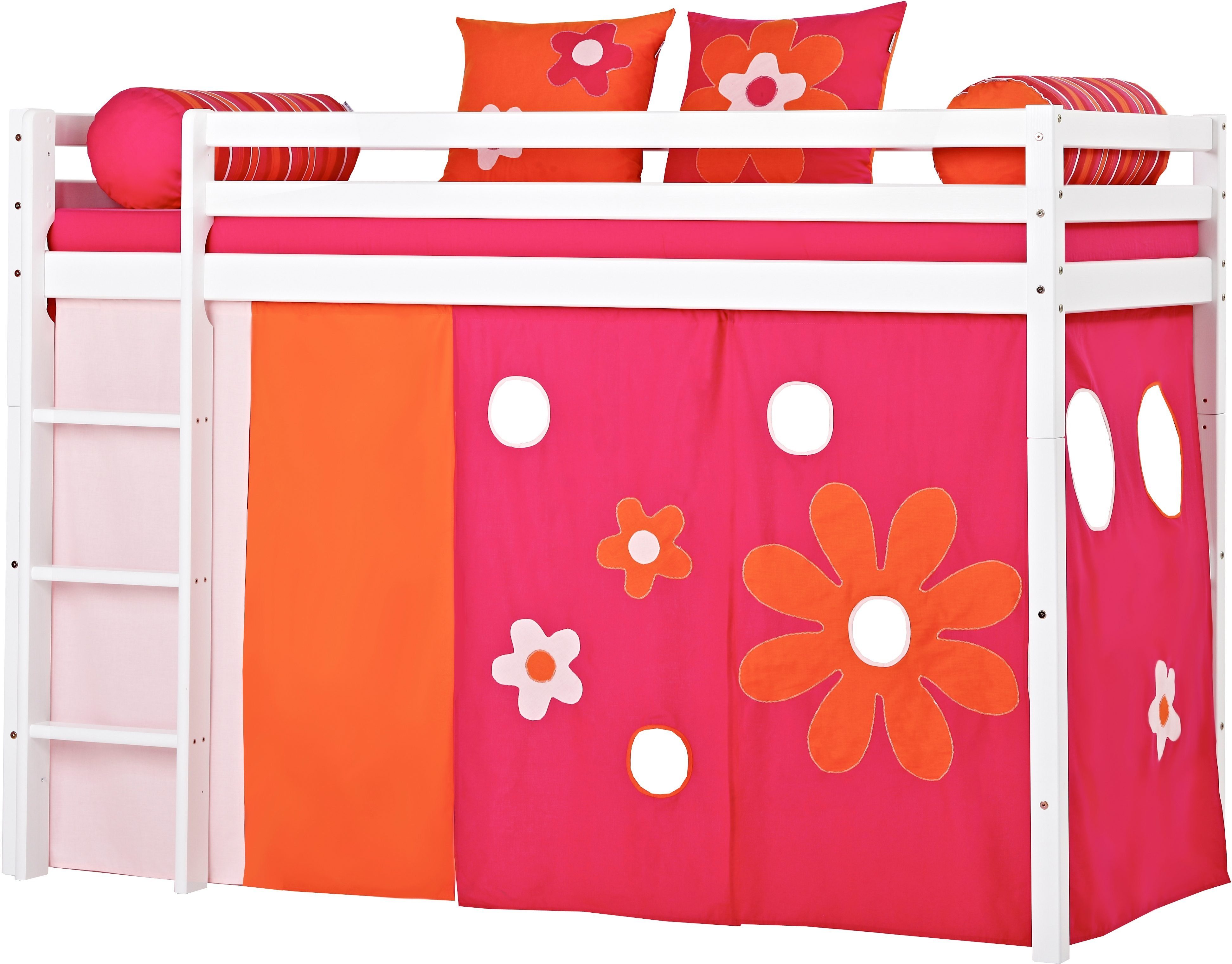 Einzelbett Hochbett «Flower Power» umbaubar m. Hoppekids in Vorhang Massiv