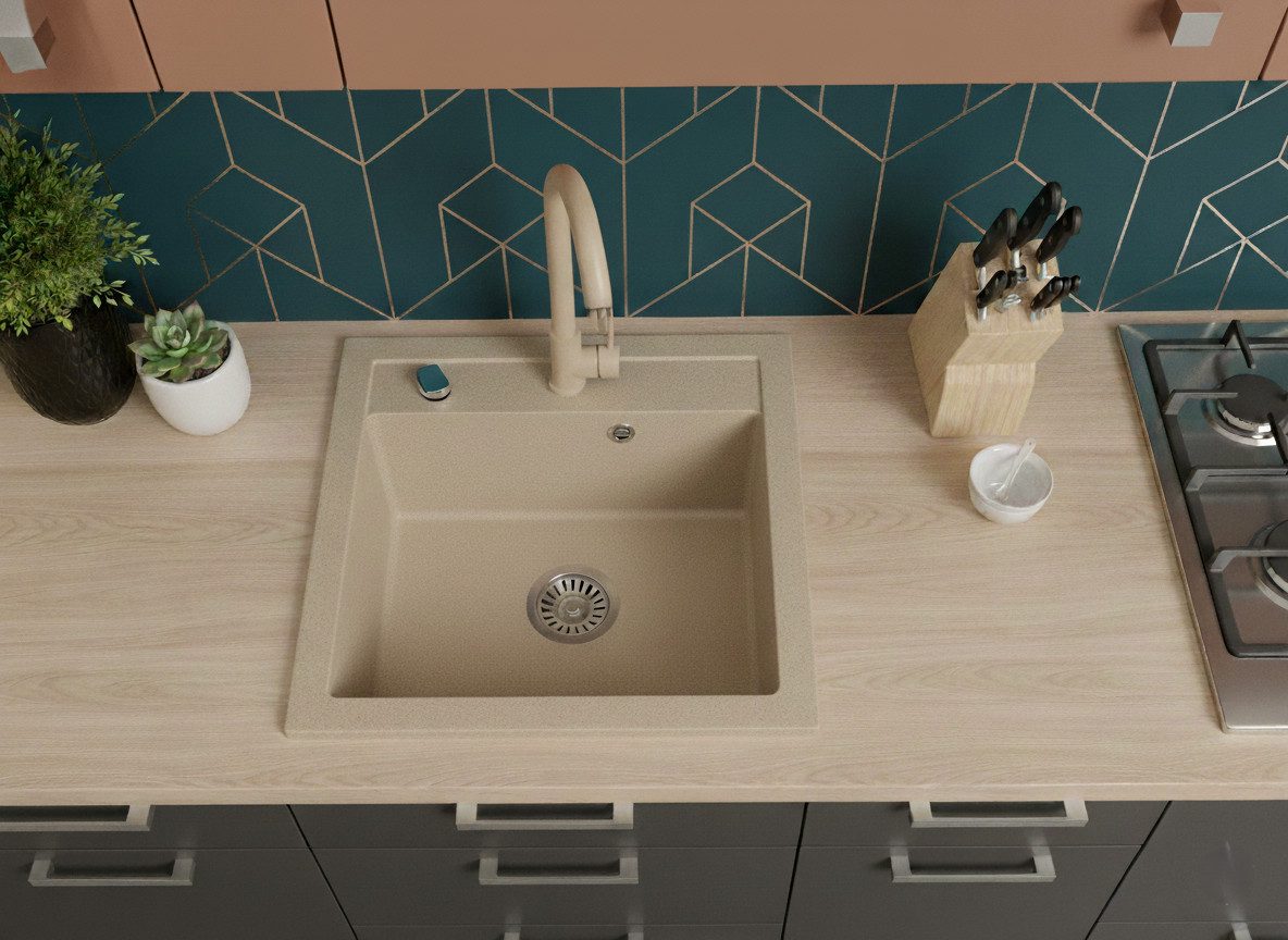 Faizee Möbel Granitspüle Granitspüle Küchenspüle inkl. Siphon & Armatur Beige 48x50cm