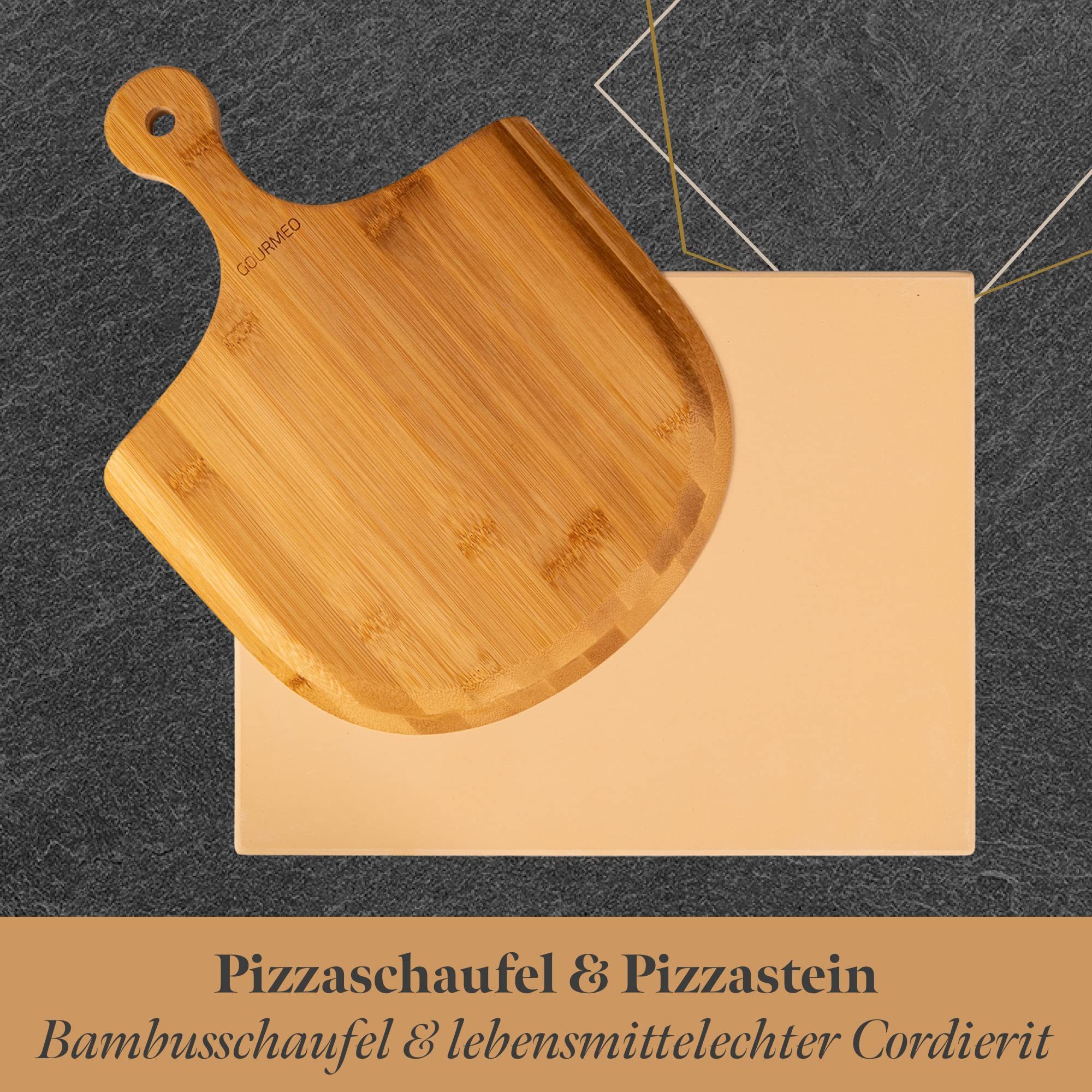 GOURMEO Backstein Pizzastein Set 38x30 cm mit Bambus-Schaufel für Ofen & Grill