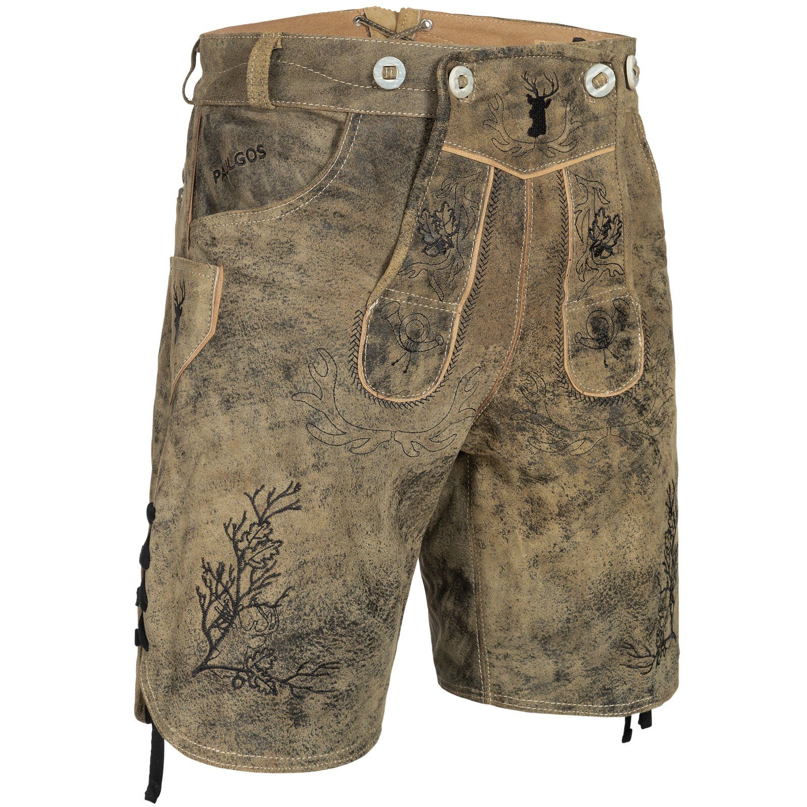 PAULGOS Trachtenhose Herren Lederhose Kurz mit Trägern 100% Echtleder - HK3 ANTIK