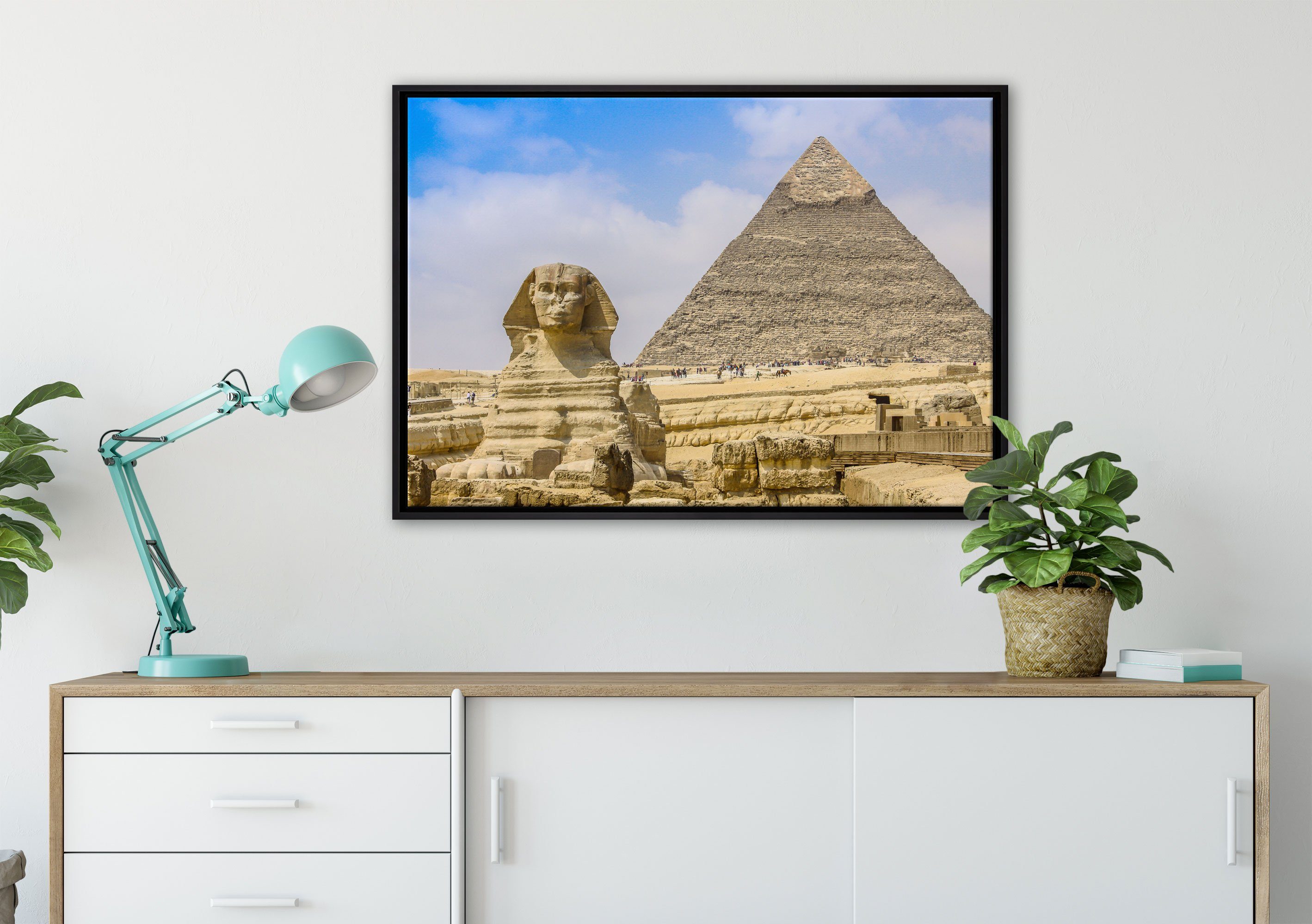 von Leinwandbild Sphinx bespannt, Pixxprint fertig Leinwandbild mit in Wanddekoration inkl. (1 gefasst, einem Schattenfugen-Bilderrahmen Zackenaufhänger Pyramide, Gizeh St),