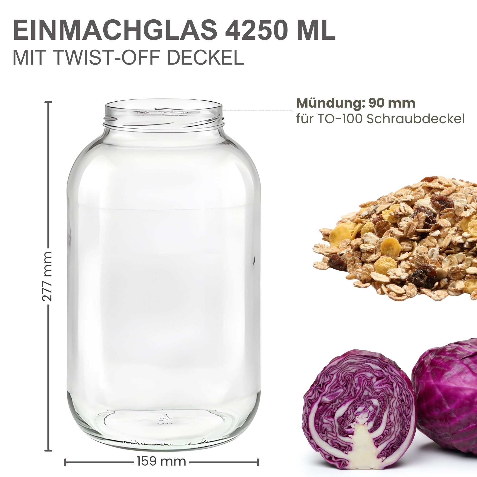 mikken Einmachglas XL Vorratsgläser 4250 ml - 2 große Einmachgläser, (Spar-Set, 2er Set Einmachgläser), mit Twist-Off Deckel TO100 und 2 Etiketten zum Beschrift – Bild 3 von 4