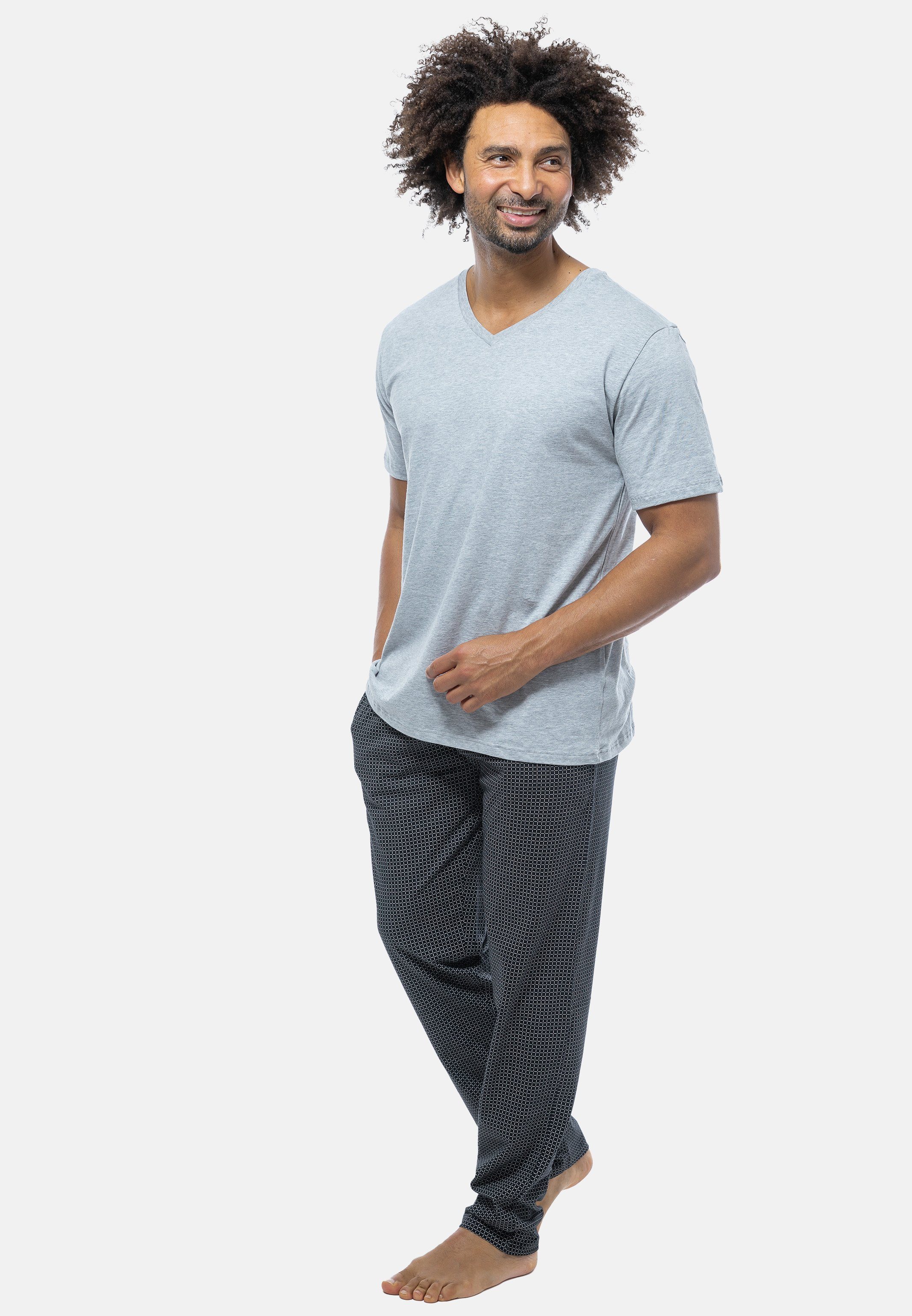 (Set, V-Ausschnitt - Schlafanzug mit Schiesser / Baumwolle tlg) Pyjama Schwarz Grau Kurzarm-Shirt - Mix 2