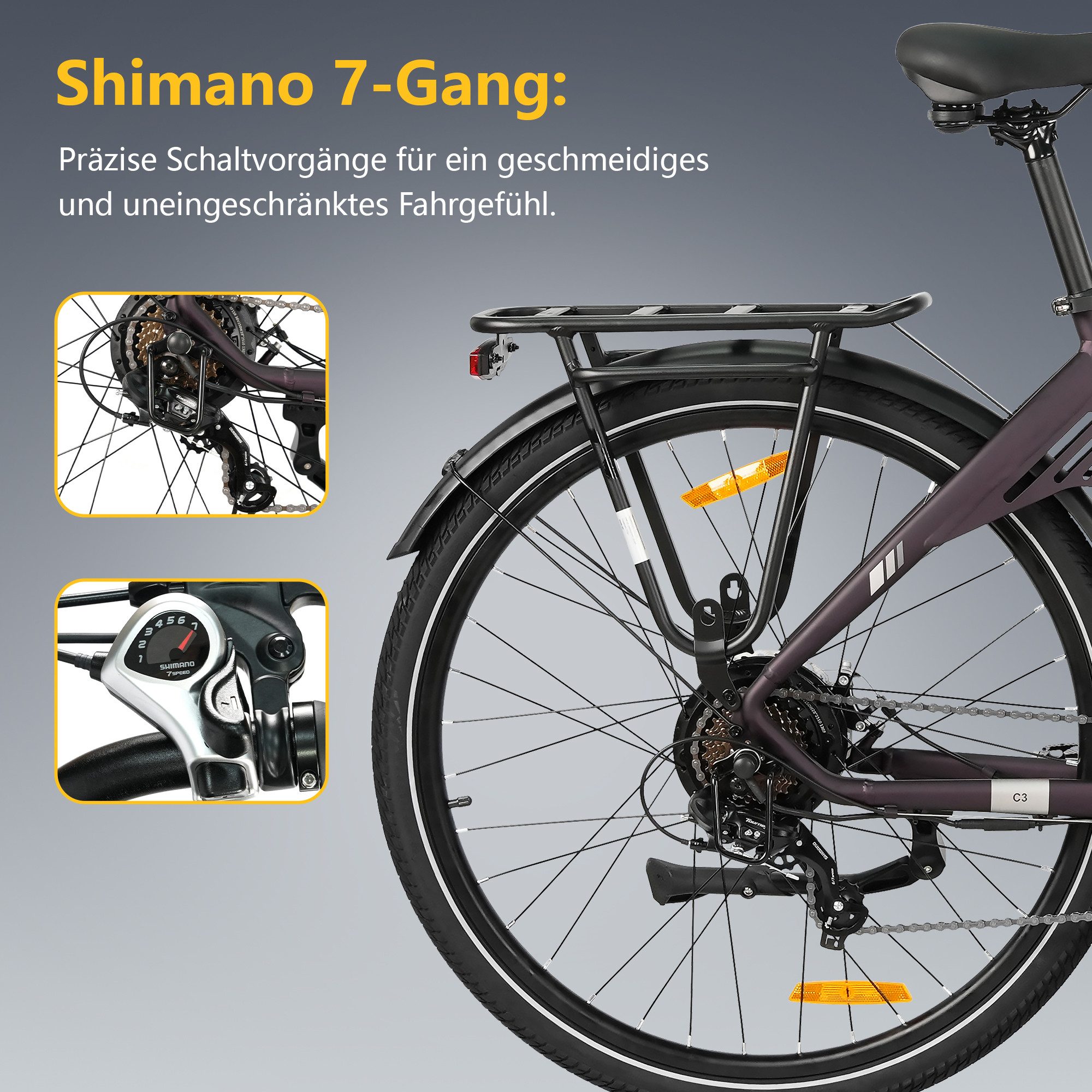 TTGO E-Bike Cityrad 28 x 2,0 Zoll, 120km, C3 SE, Elektrofahrrad mit Tiefeinsteiger-Rahmen, 7 Gang SHIMANO, Kettenschaltung, Heckmotor, 648 Wh, 5 Stufen, Leicht nur 25kg, Pedelec bis zu 120kg, Aluminiumrahmen
