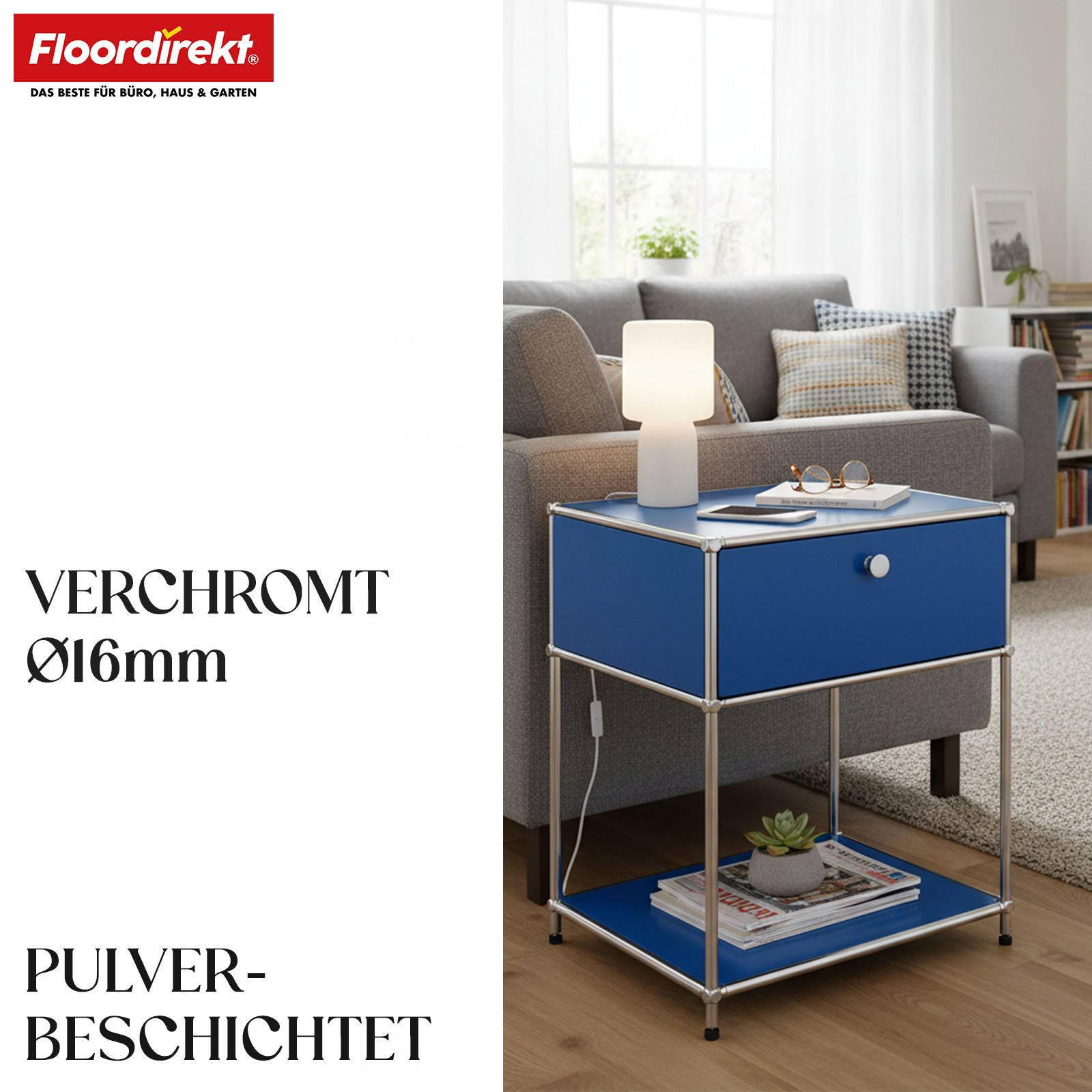 Floordirekt Beistelltisch Concept Epure MK-139, B50 × T40 × H65 cm, verschließbare Schublade (modular, kratzfeste Pulverbeschichtung), Beistellregal mit verchromtem Metallgestell, höhenverstellbare Füße