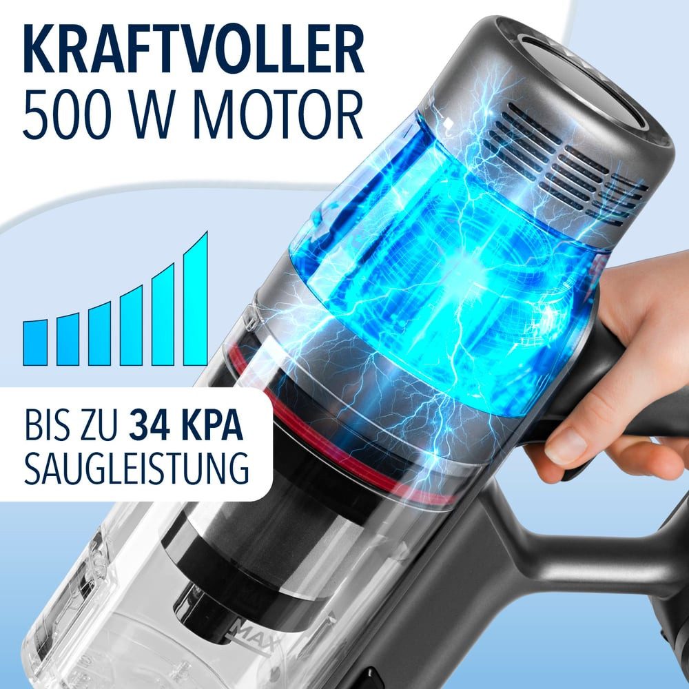 CLEANmaxx Zyklon Hybrid Staubsauger Akku-Zyklon-Staubsauger Deluxe 29,6V grau/blau, 500 W, beutellos, automatische Staubentleerung 3,5L Beutel 60.min Laufzeit HEPA-Filter