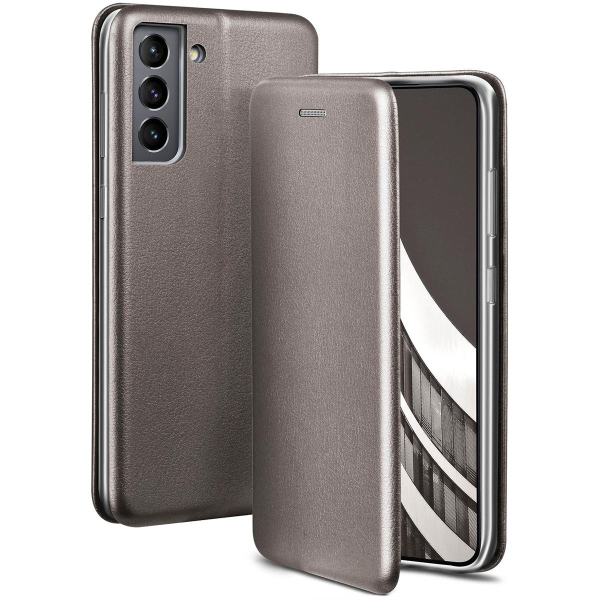 ONEFLOW Handyhülle für Samsung Galaxy S21 Plus Premium Hülle Business Cover Grau 6,7 Zoll, 360 Grad Schutzhülle Flip Case Etui Klapphülle Dünn Leder Handy Tasche