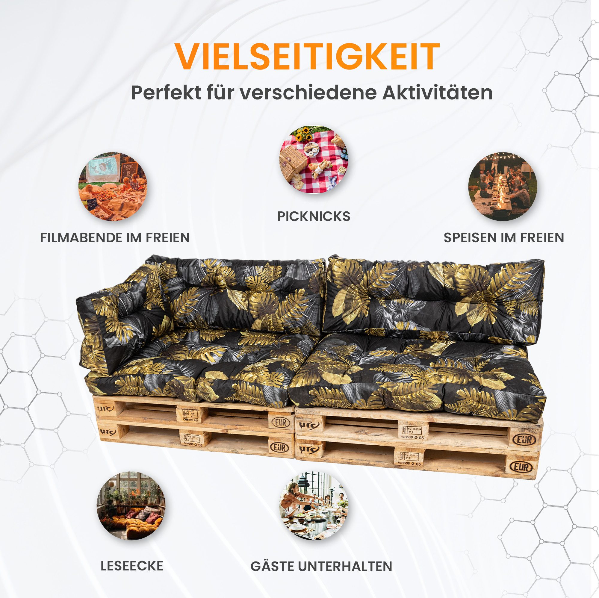 TexDeko Palettenkissen TexDeko Garden 7-TLG Palettenkissen-Set wasserabweisend gesteppt, 3x Palettenkissen (Sitzkissen) + 3x Rückenkissen + 1x Seitenkissen