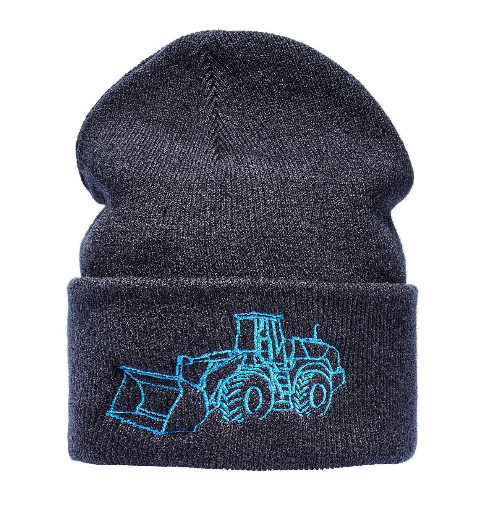 Baddery Beanie Strickmütze: "Radlader" - Raupe Bagger Baustelle LKW Traktor, hochwertiger doppellagiger Strick, Stick-Motiv, One Size