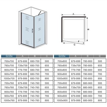 duschspa Eckdusche 195cm ESG Drehtür + Seitenwand Duschabtrennung Duschkabine Duschtür, BxT: 70x70 cm, Einscheibensicherheitsglas, Sicherheitsglas, Set, ebenerdiger Einbau möglich