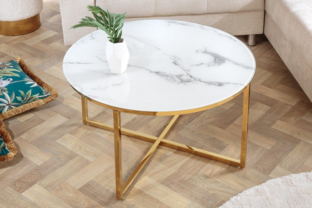 riess-ambiente Couchtisch BOUTIQUE Modern / · · gold weiß (1-St), Wohnzimmer 80cm | Design weiß · gold Marmor-Optik Metall · Glas