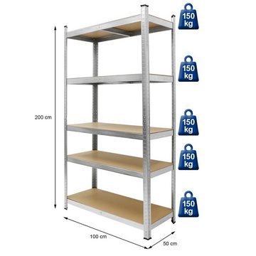 ECD Germany Schwerlastregal Schwerlastregal Lagerregal Steckregal Kellerregal, Verzinkt 200x100x50cm belastbar bis 750kg 5 MDF-Platten