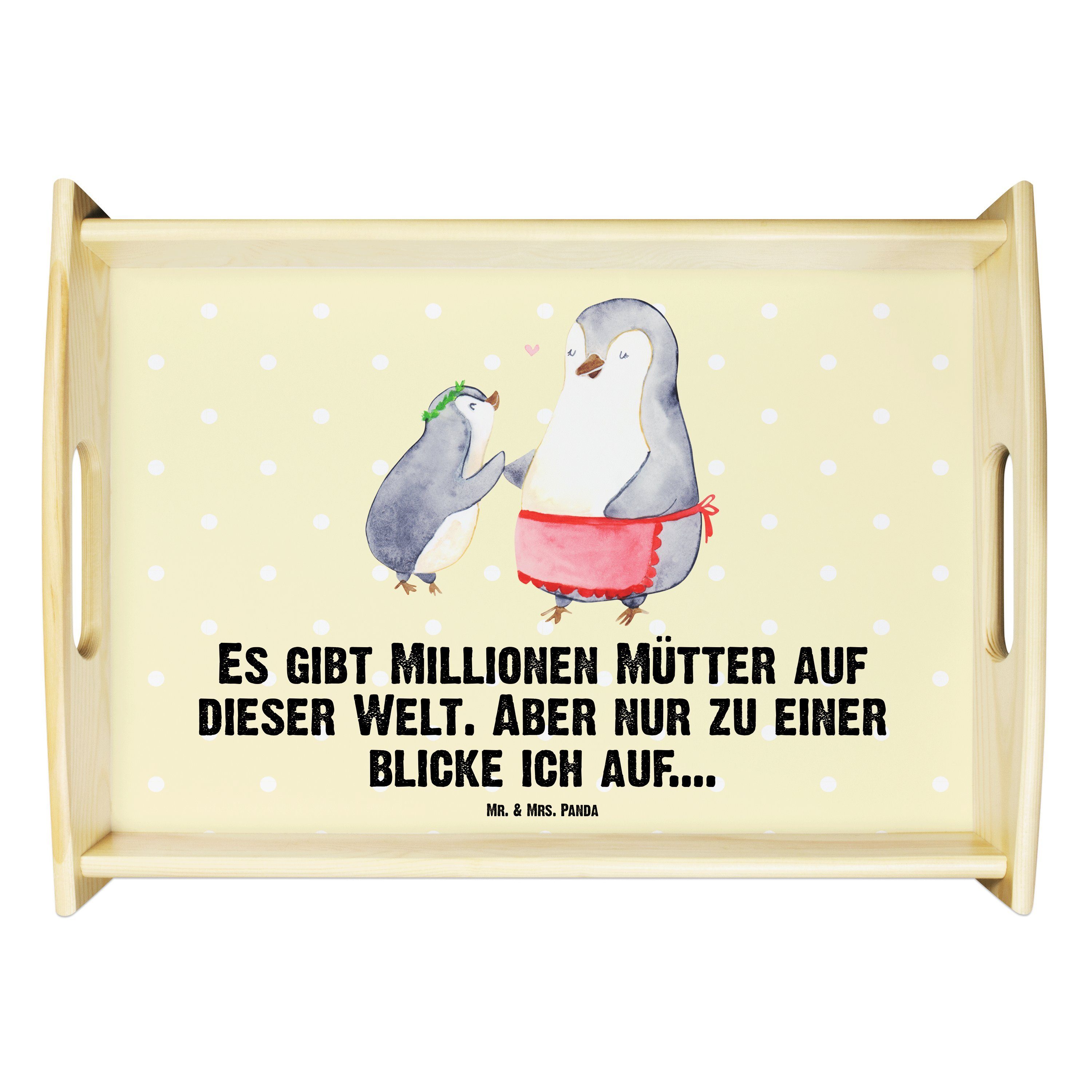 - & lasiert, Mrs. Frühstüc, (1-tlg) Tablett Pinguin Gelb Mama, Pastell mit - Mr. Kind Geschenk, Muttertag, Panda Echtholz